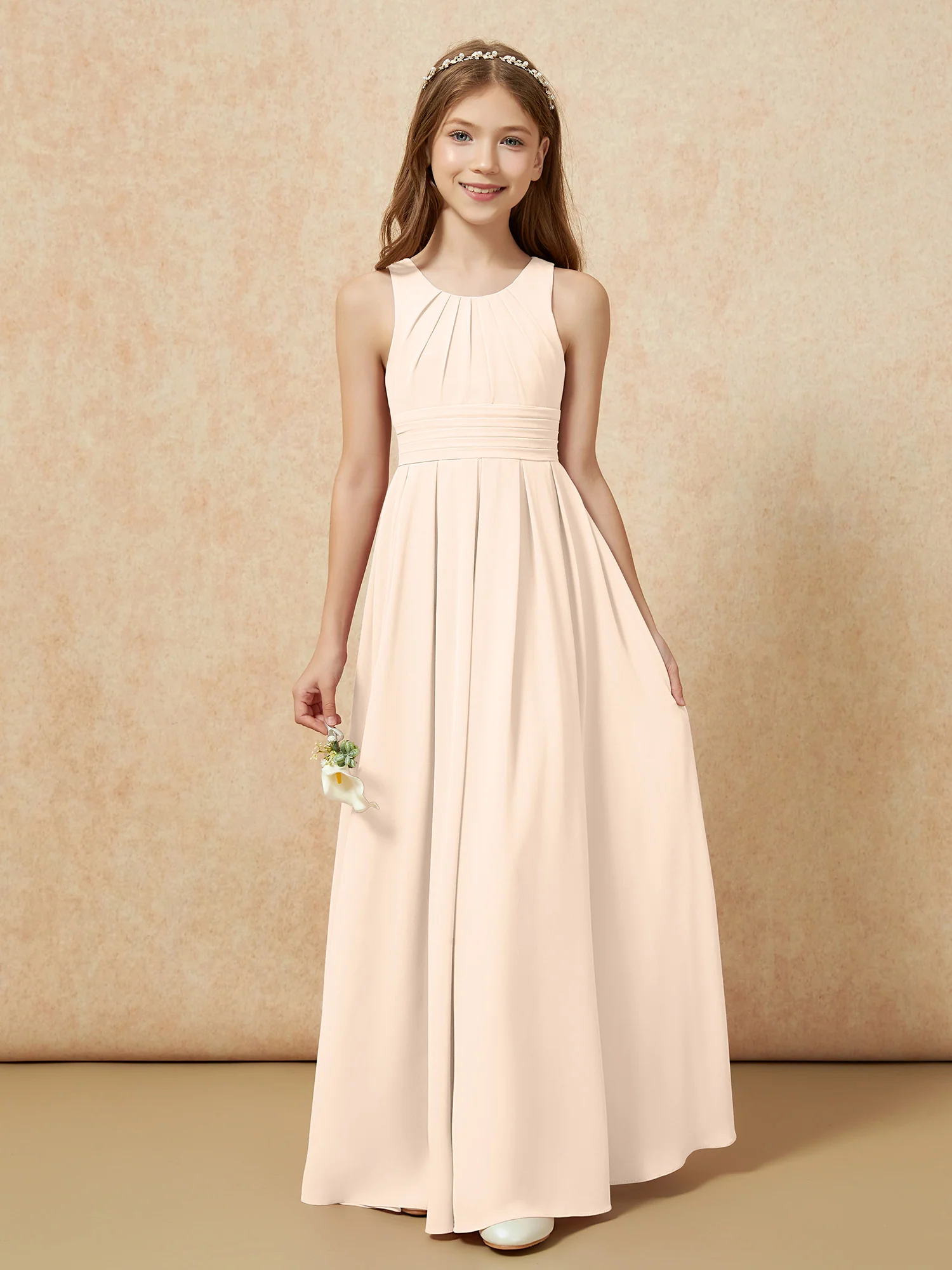 Scoop Neck Pleated Long Junior Bridesmaid Dresses Peach - Image 5