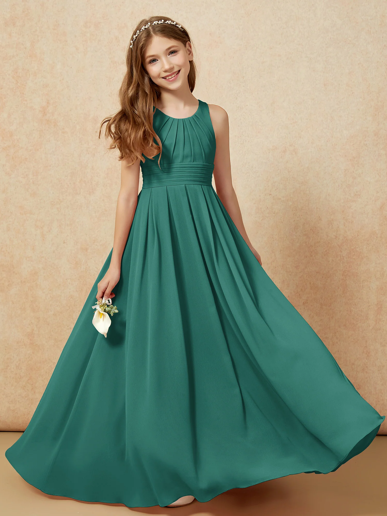 Scoop Neck Pleated Long Junior Bridesmaid Dresses Peacock