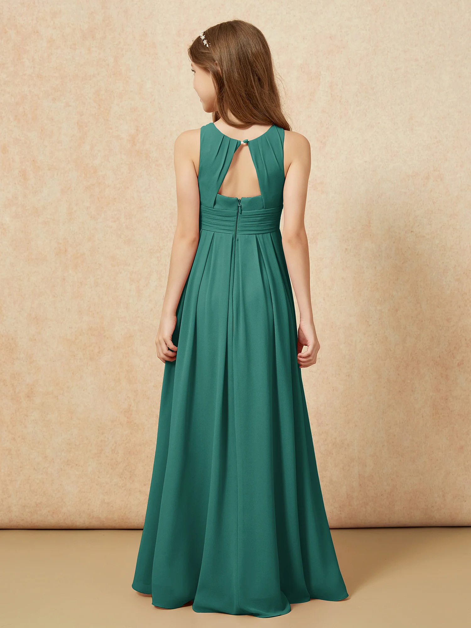 Scoop Neck Pleated Long Junior Bridesmaid Dresses Peacock - Image 2