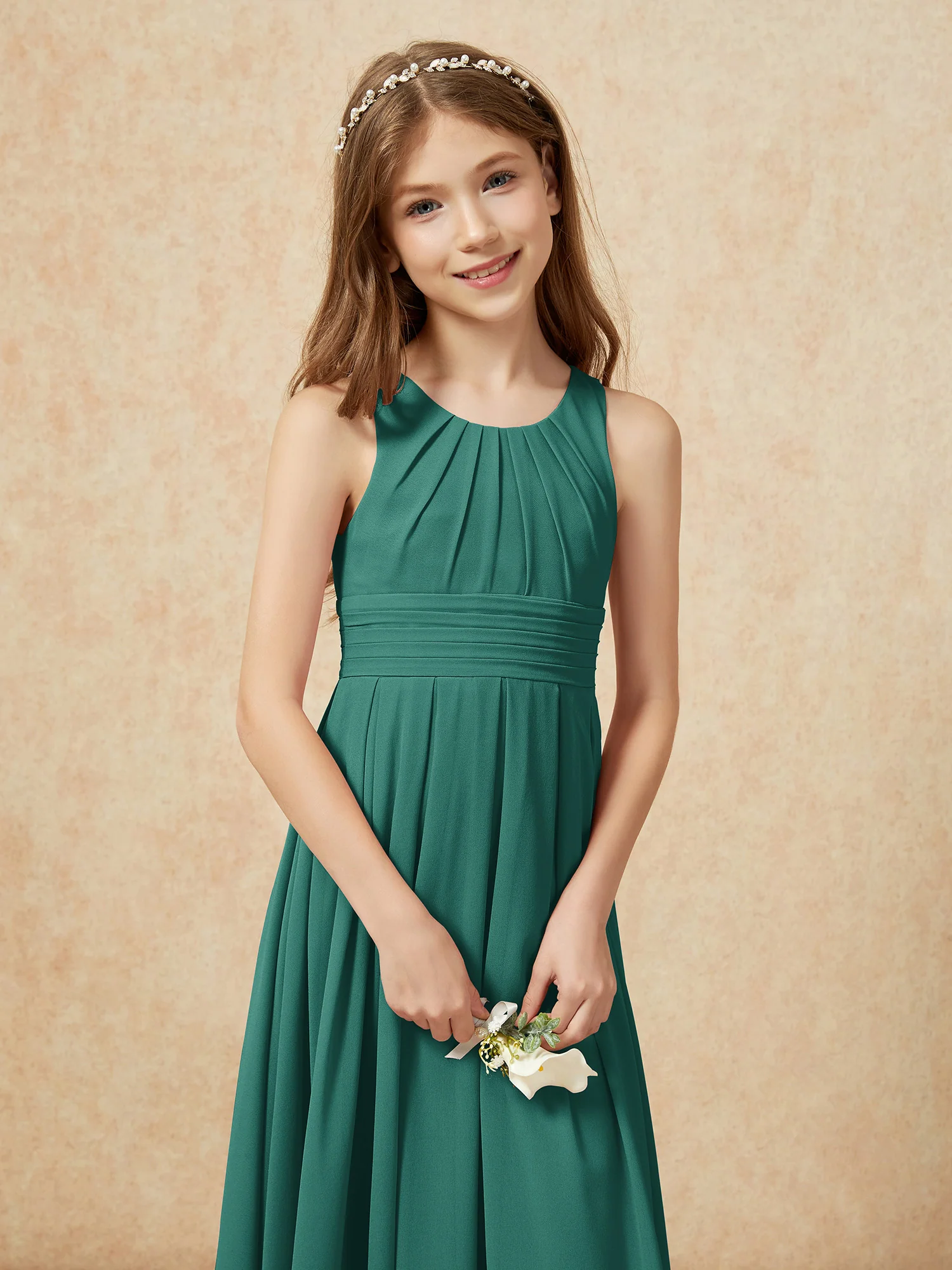 Scoop Neck Pleated Long Junior Bridesmaid Dresses Peacock - Image 6