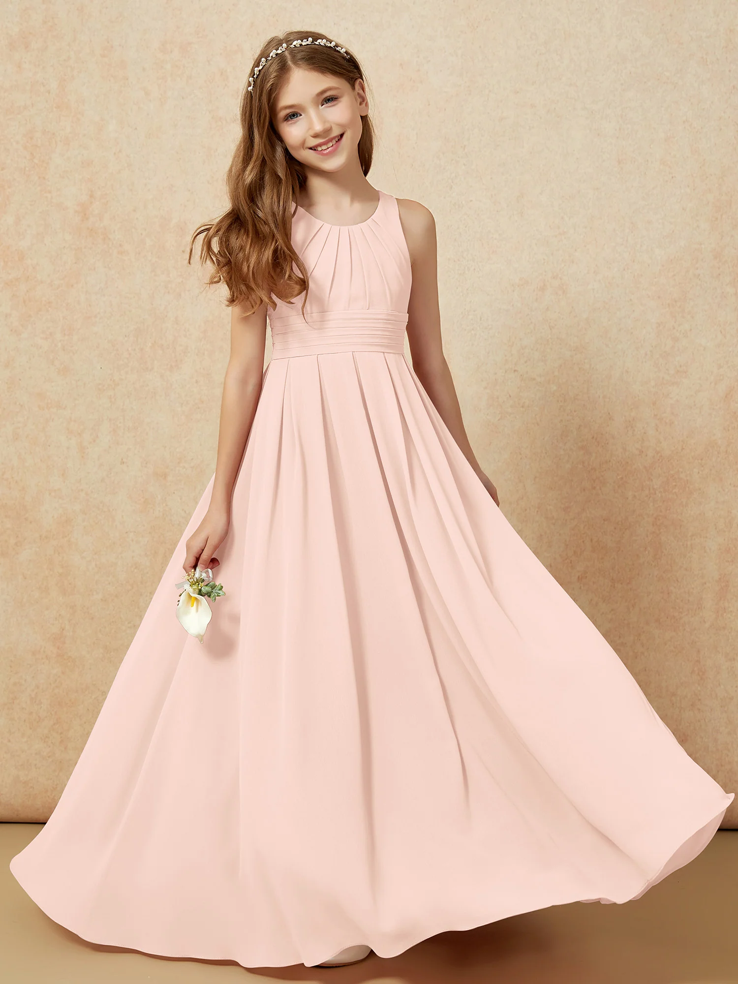 Scoop Neck Pleated Long Junior Bridesmaid Dresses Pearl Pink