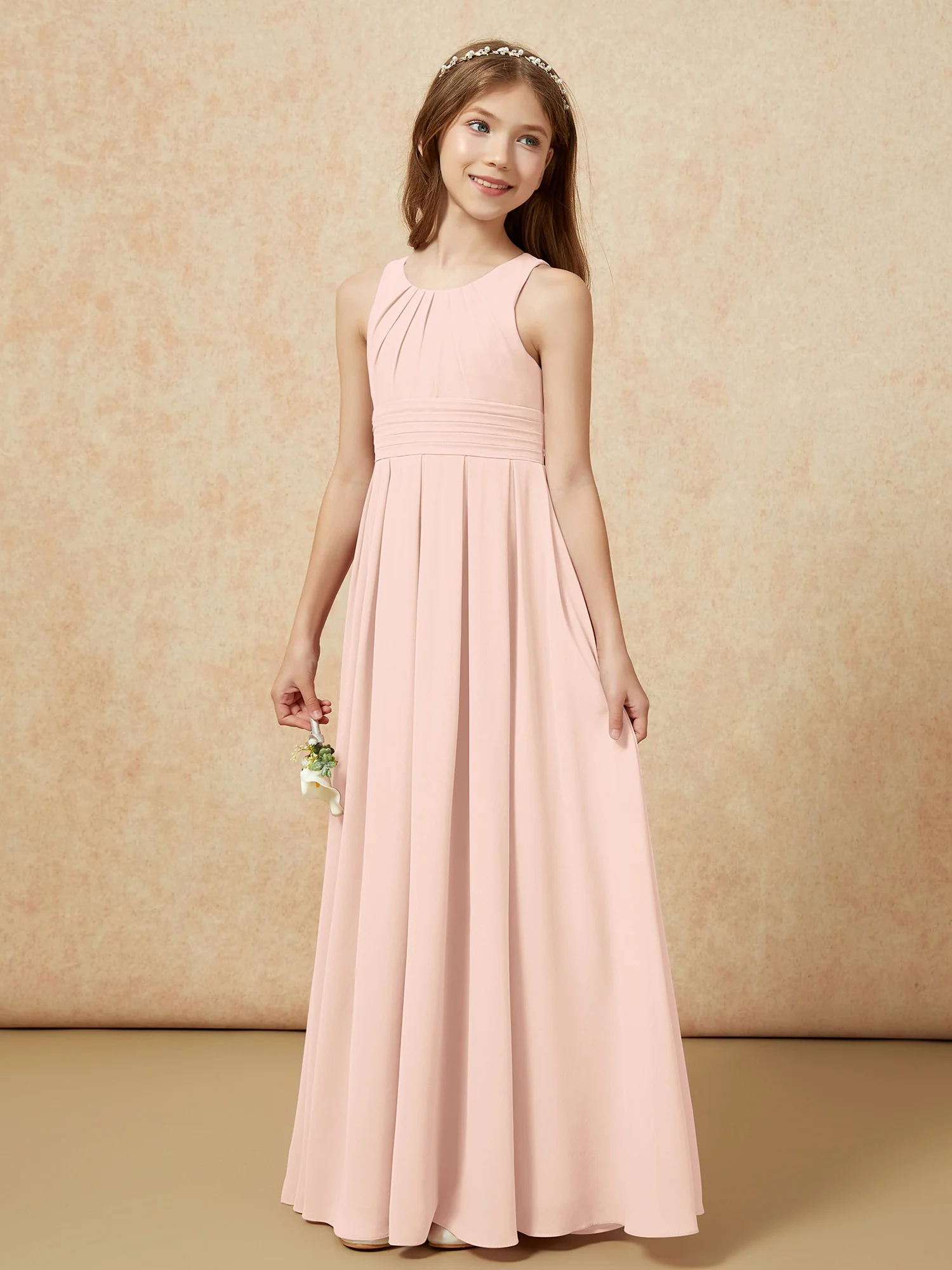 Scoop Neck Pleated Long Junior Bridesmaid Dresses Pearl Pink - Image 3