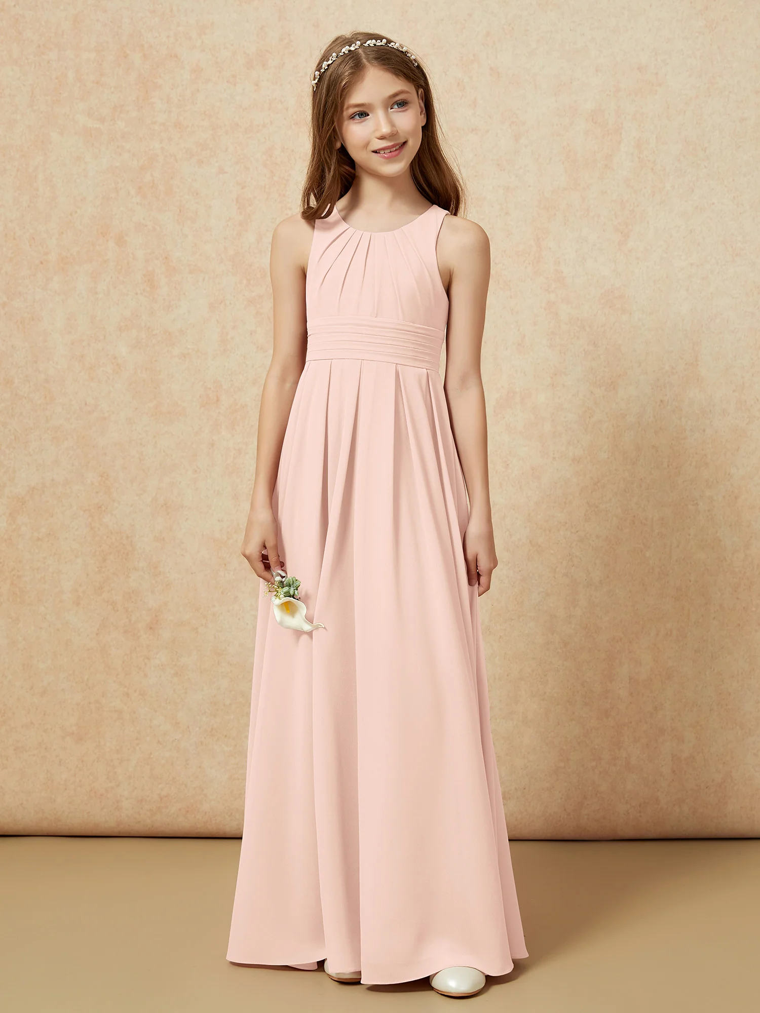 Scoop Neck Pleated Long Junior Bridesmaid Dresses Pearl Pink - Image 4