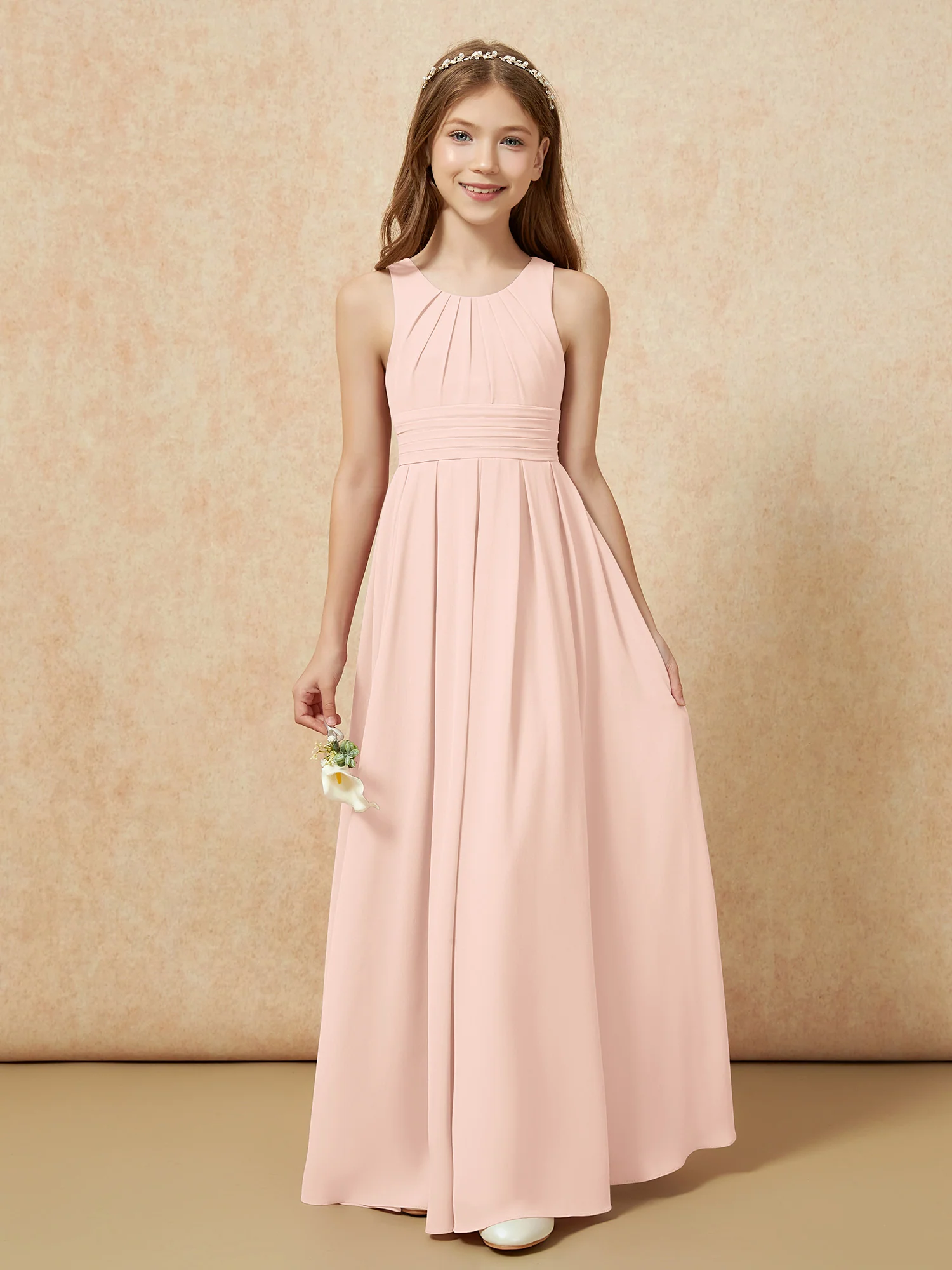 Scoop Neck Pleated Long Junior Bridesmaid Dresses Pearl Pink - Image 5