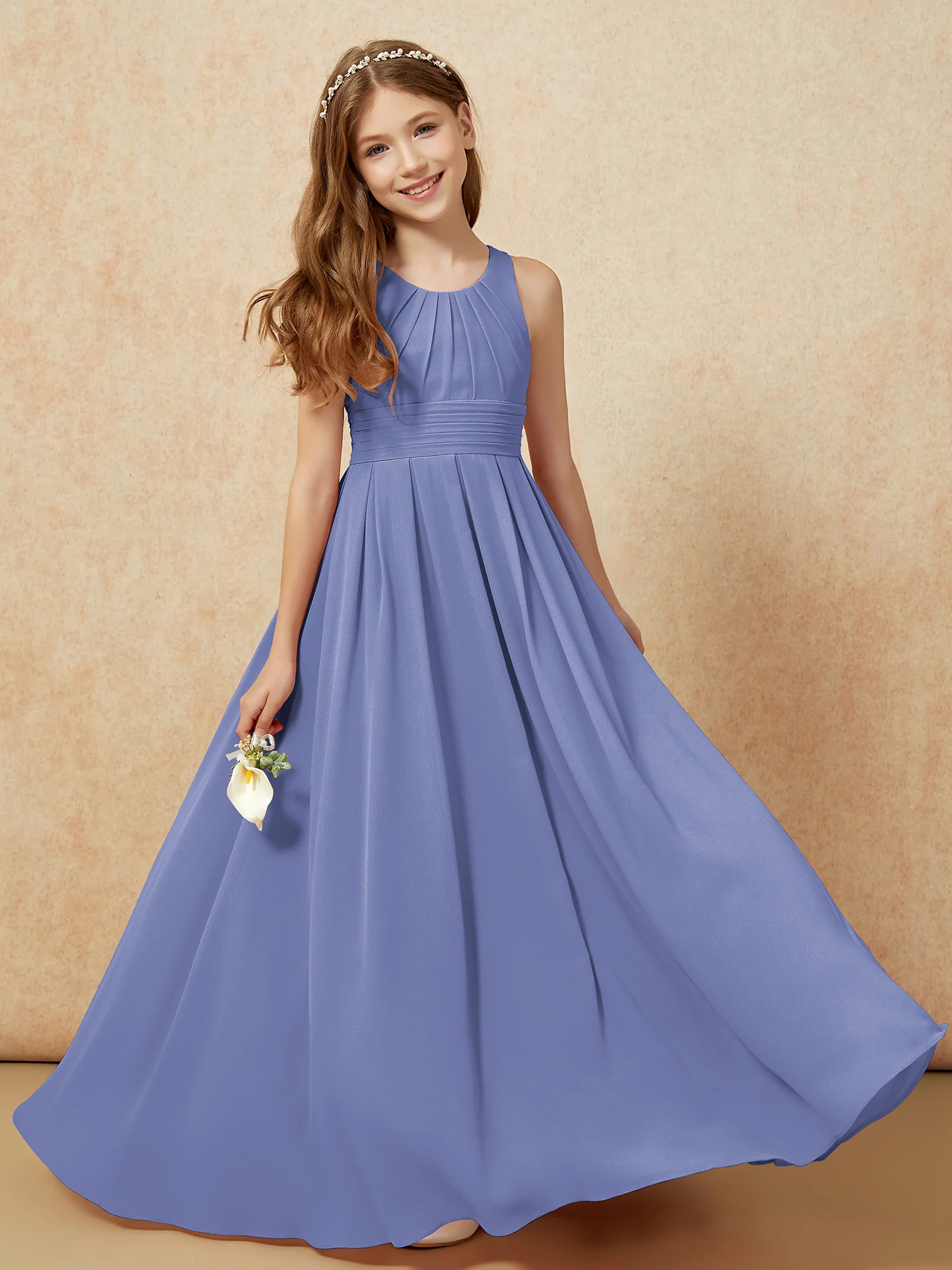 Scoop Neck Pleated Long Junior Bridesmaid Dresses Periwinkle