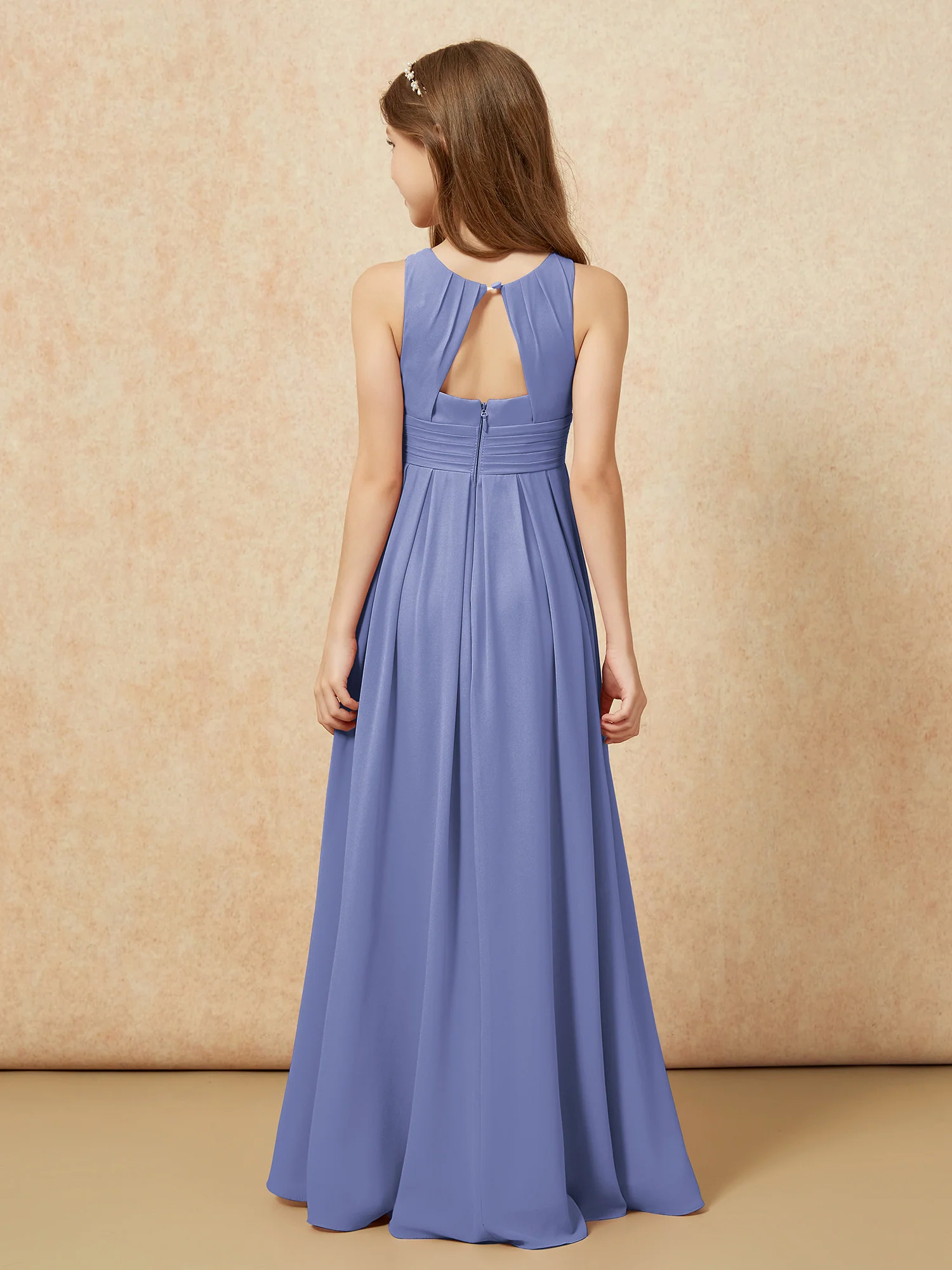 Scoop Neck Pleated Long Junior Bridesmaid Dresses Periwinkle - Image 2
