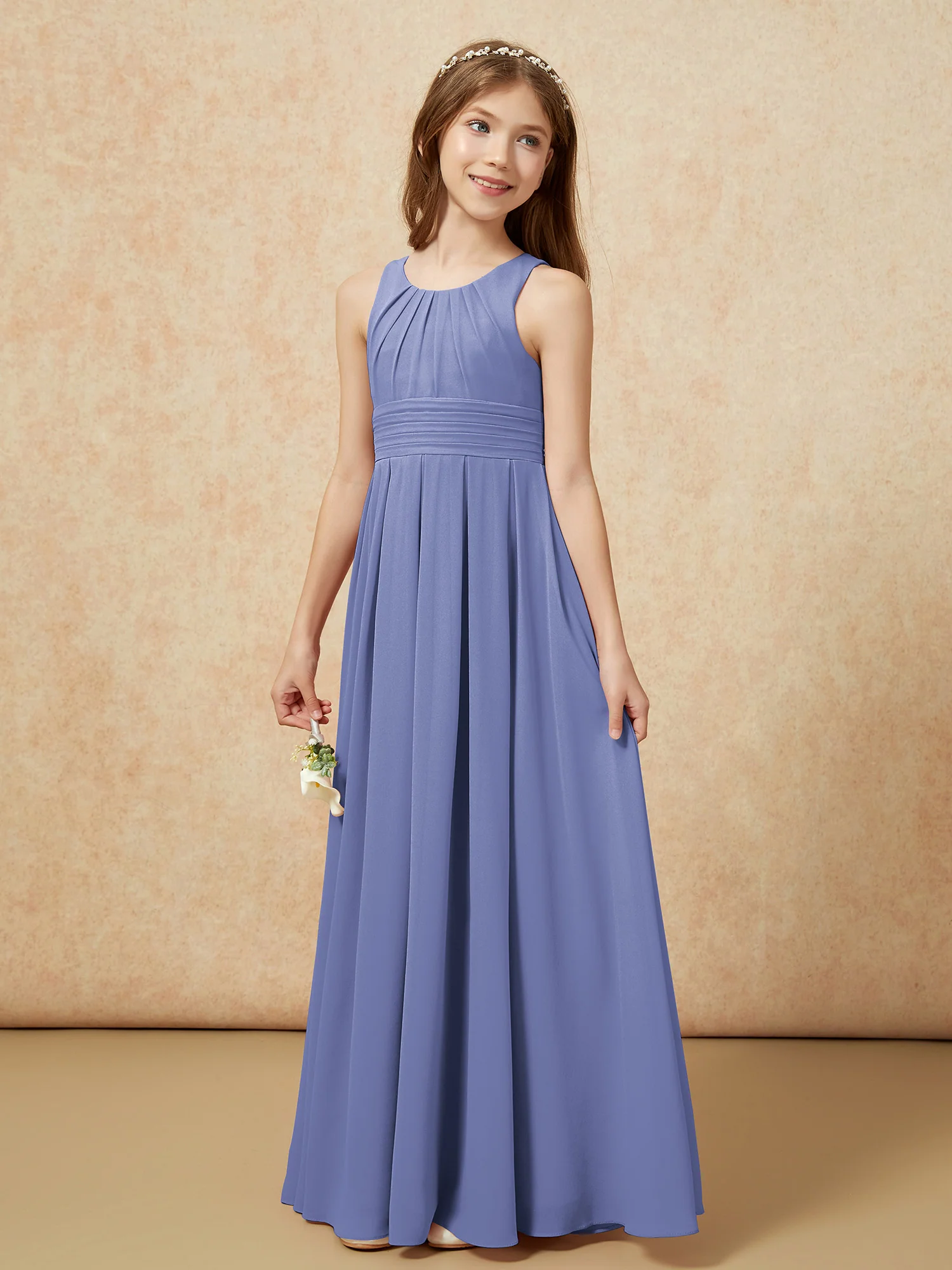 Scoop Neck Pleated Long Junior Bridesmaid Dresses Periwinkle - Image 3