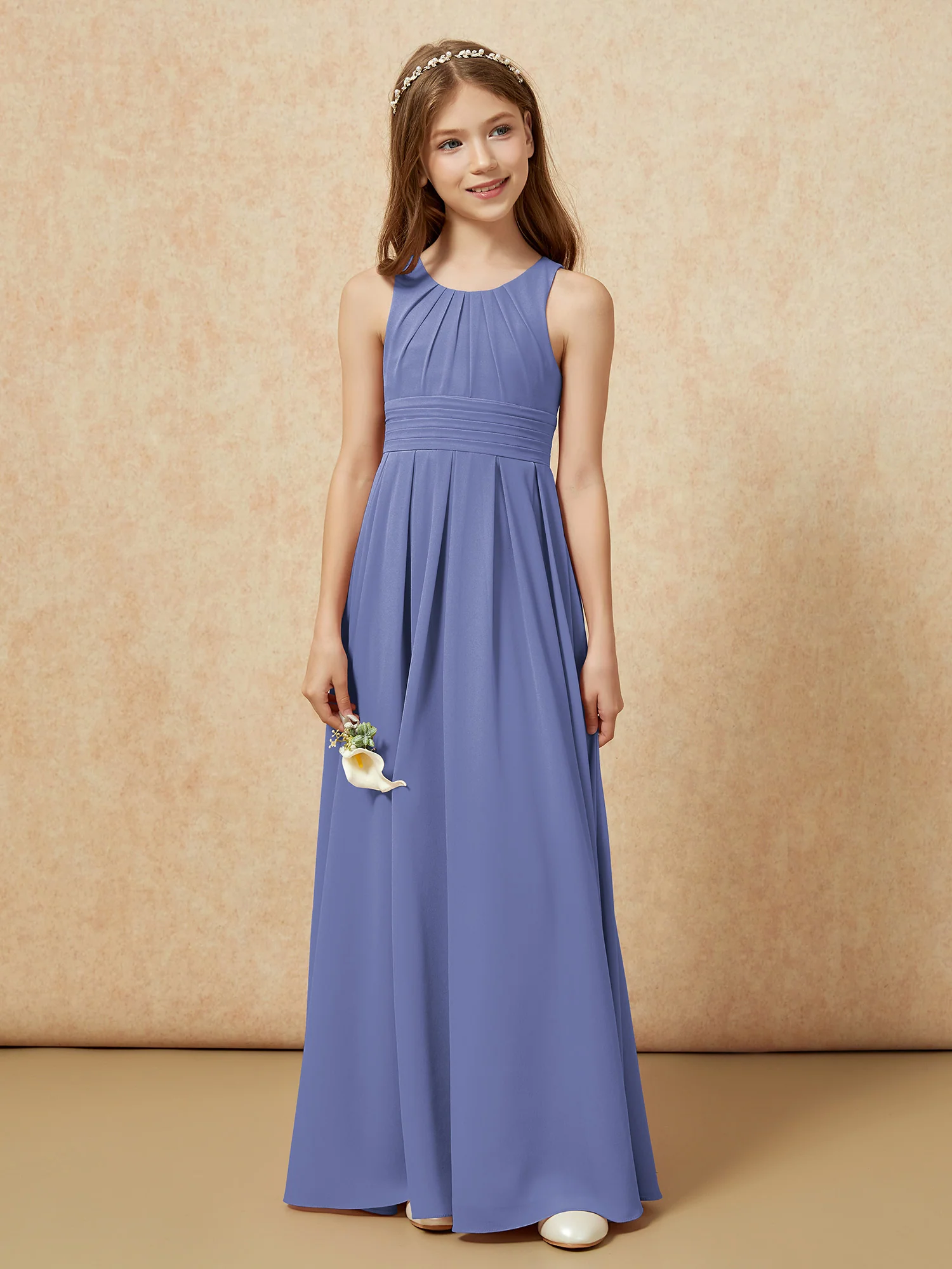 Scoop Neck Pleated Long Junior Bridesmaid Dresses Periwinkle - Image 4