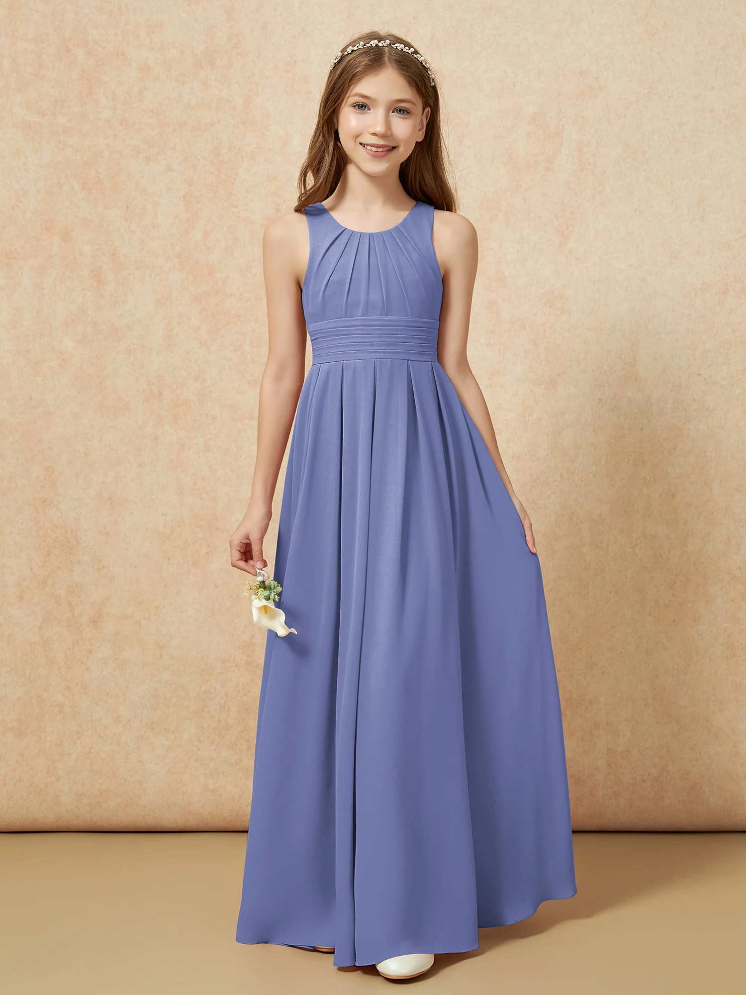 Scoop Neck Pleated Long Junior Bridesmaid Dresses Periwinkle - Image 5
