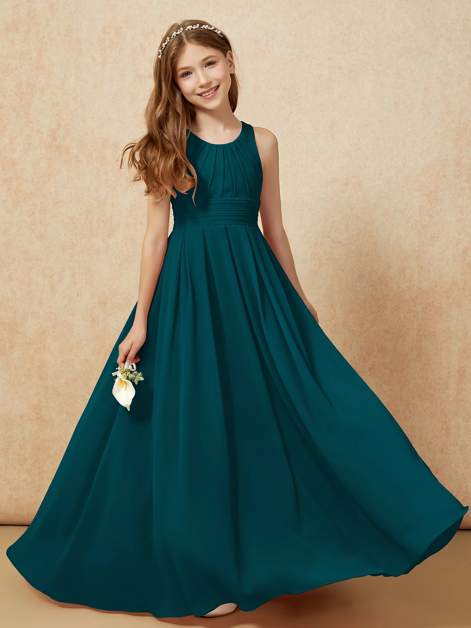 Scoop Neck Pleated Long Junior Bridesmaid Dresses Pine