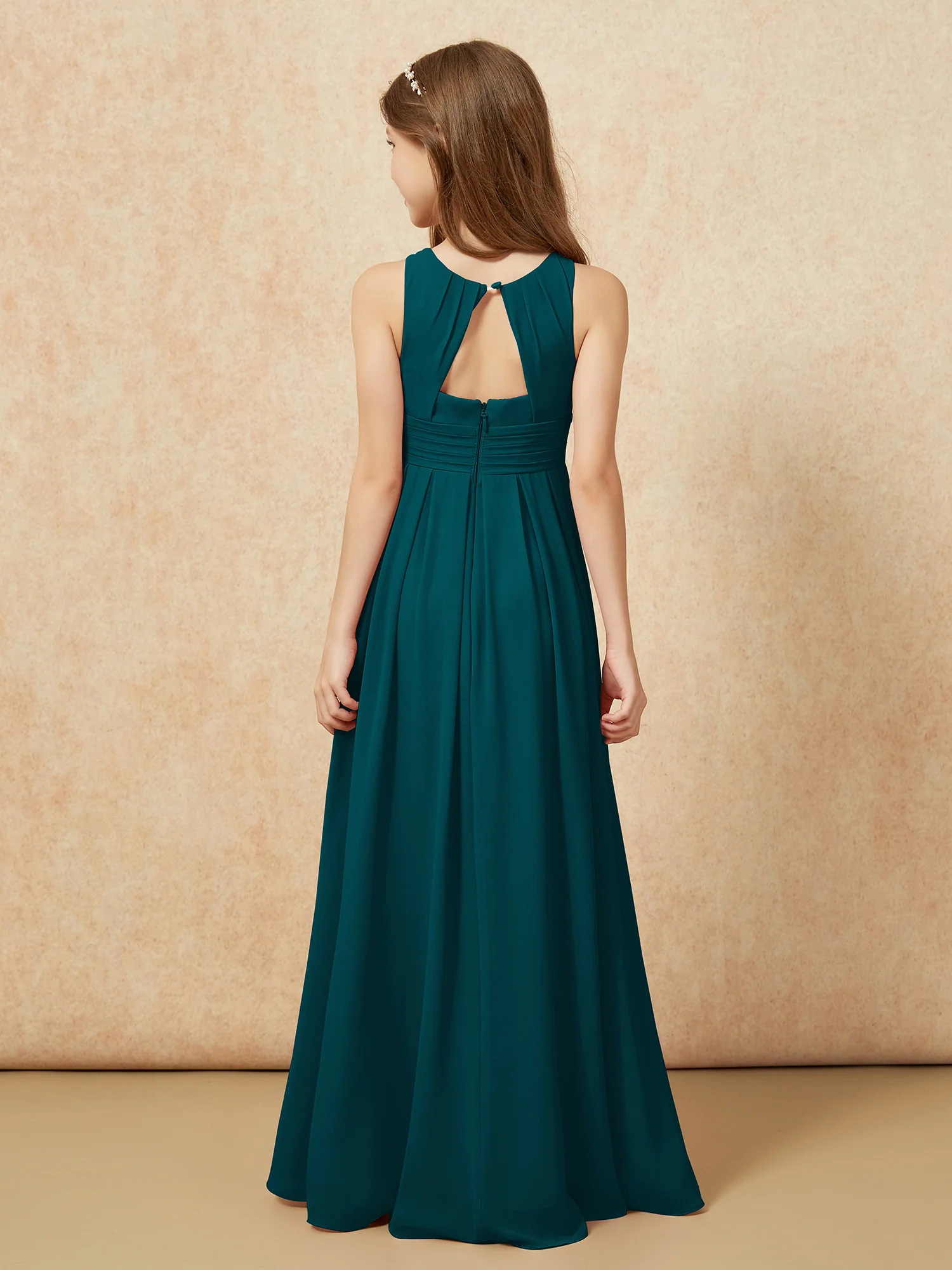 Scoop Neck Pleated Long Junior Bridesmaid Dresses Pine - Image 2