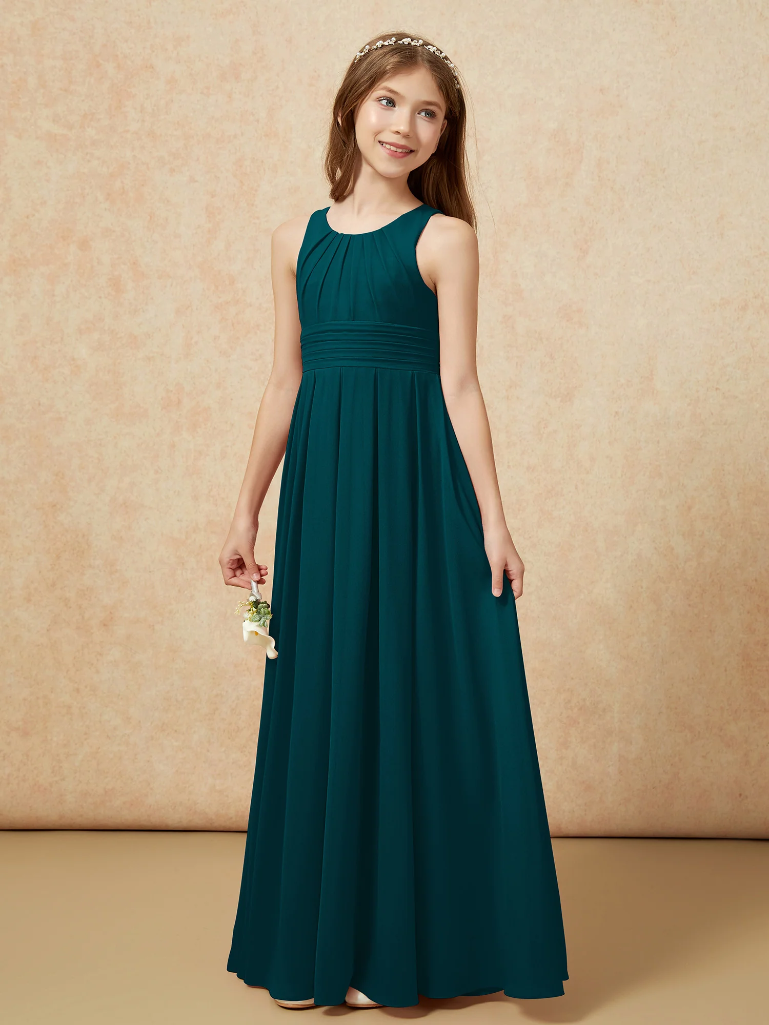 Scoop Neck Pleated Long Junior Bridesmaid Dresses Pine - Image 3