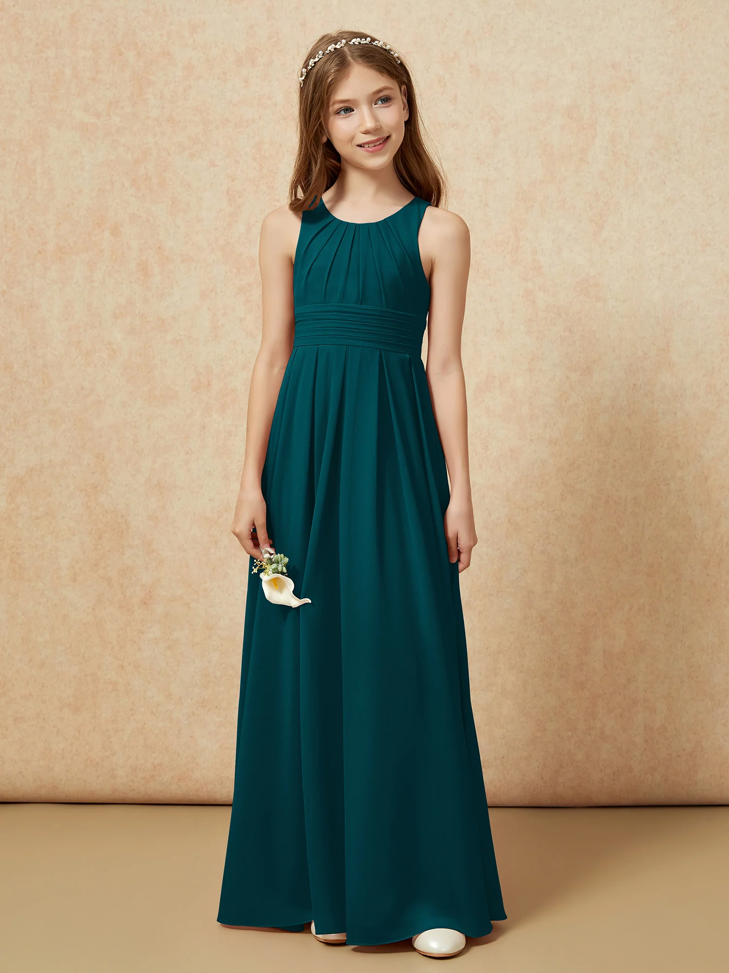Scoop Neck Pleated Long Junior Bridesmaid Dresses Pine - Image 4