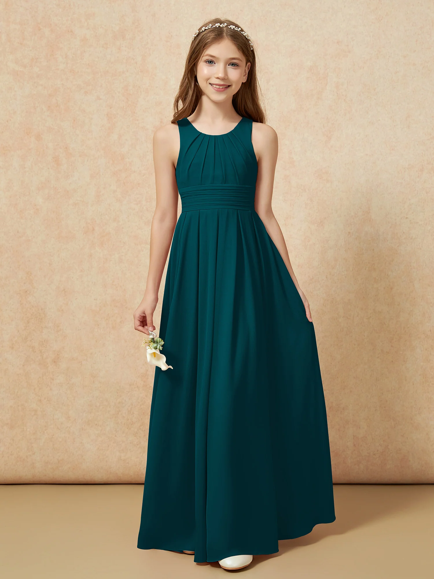 Scoop Neck Pleated Long Junior Bridesmaid Dresses Pine - Image 5