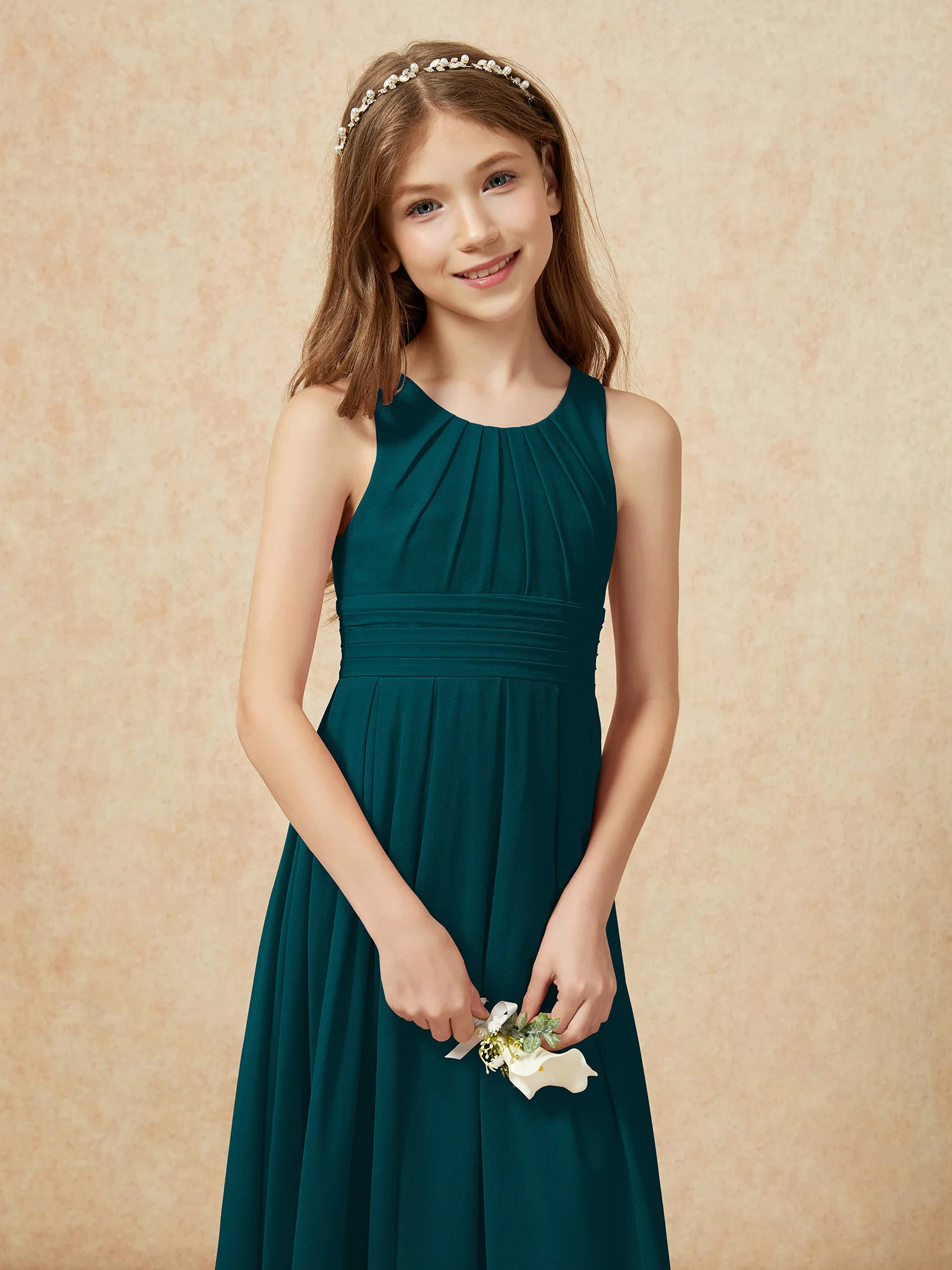 Scoop Neck Pleated Long Junior Bridesmaid Dresses Pine - Image 6