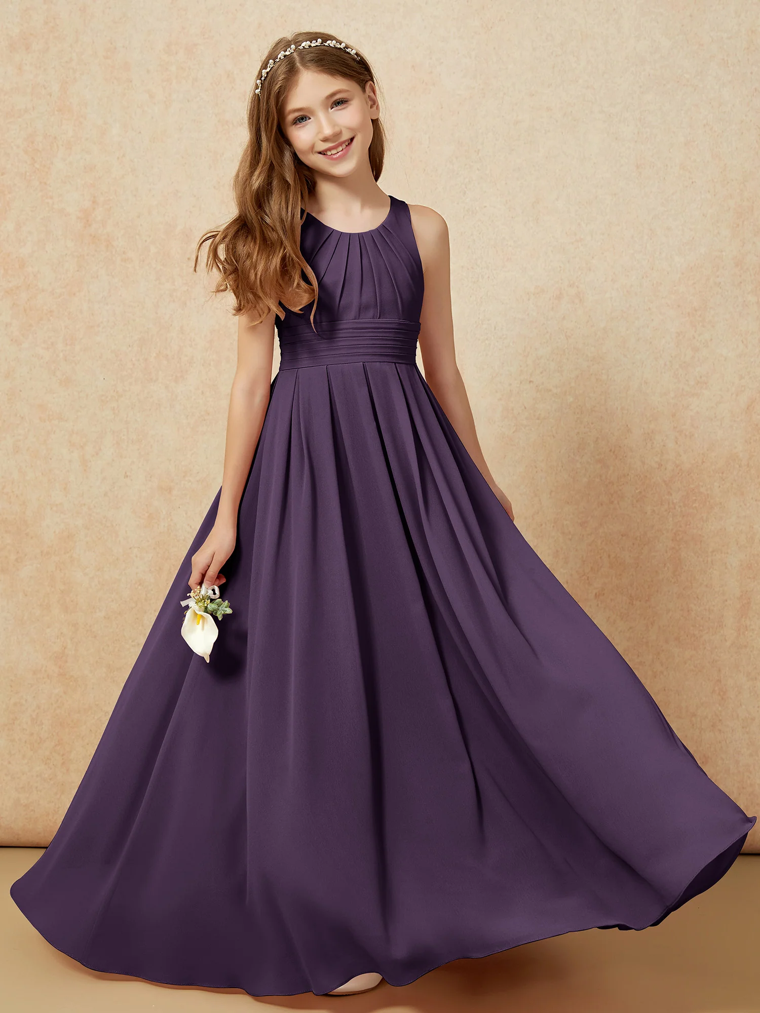 Scoop Neck Pleated Long Junior Bridesmaid Dresses Plum