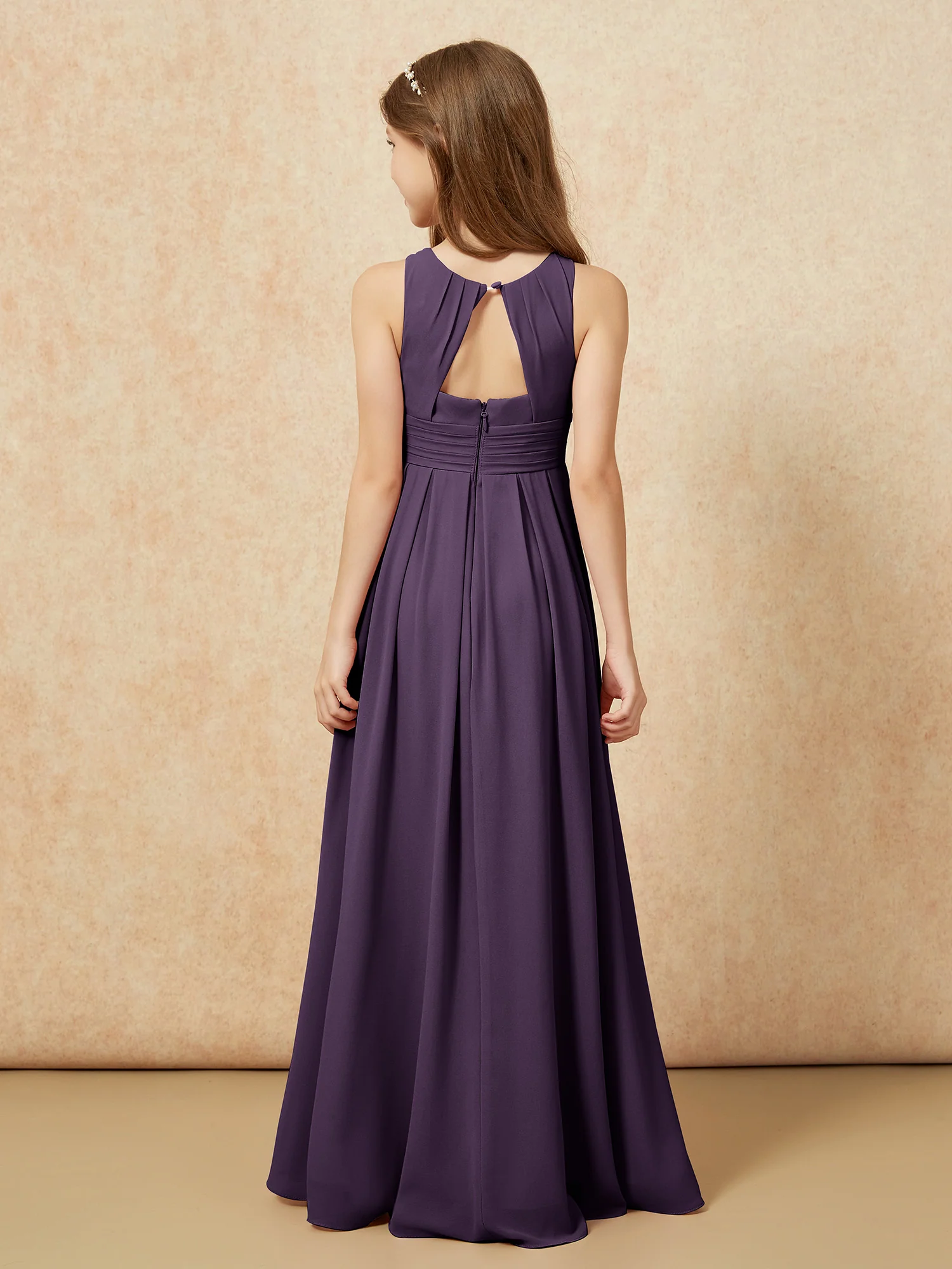 Scoop Neck Pleated Long Junior Bridesmaid Dresses Plum - Image 2