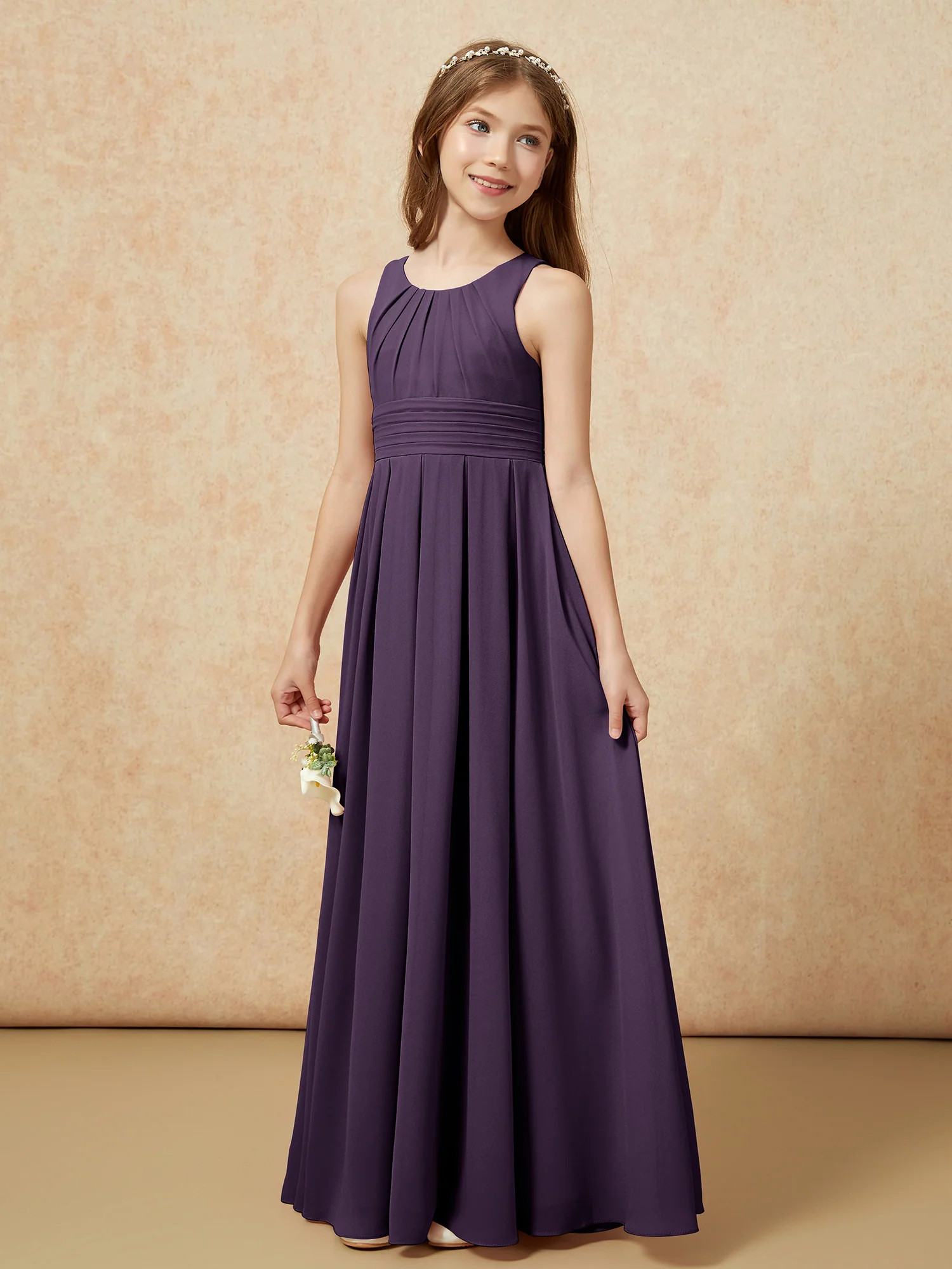 Scoop Neck Pleated Long Junior Bridesmaid Dresses Plum - Image 3
