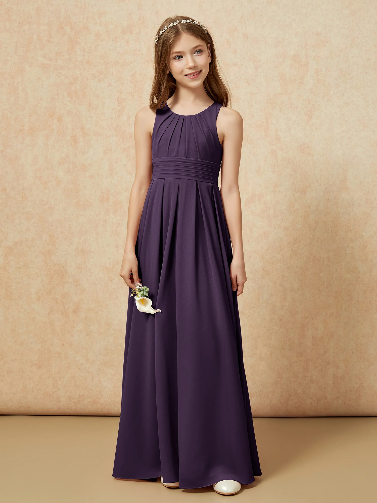 Scoop Neck Pleated Long Junior Bridesmaid Dresses Plum - Image 4