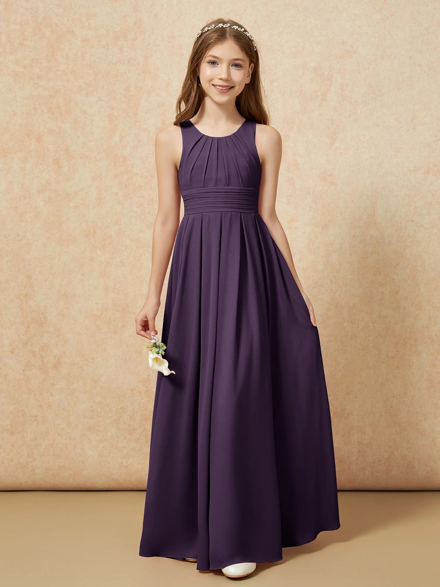 Scoop Neck Pleated Long Junior Bridesmaid Dresses Plum - Image 5