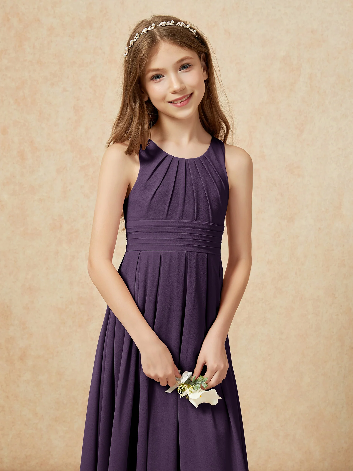 Scoop Neck Pleated Long Junior Bridesmaid Dresses Plum - Image 6
