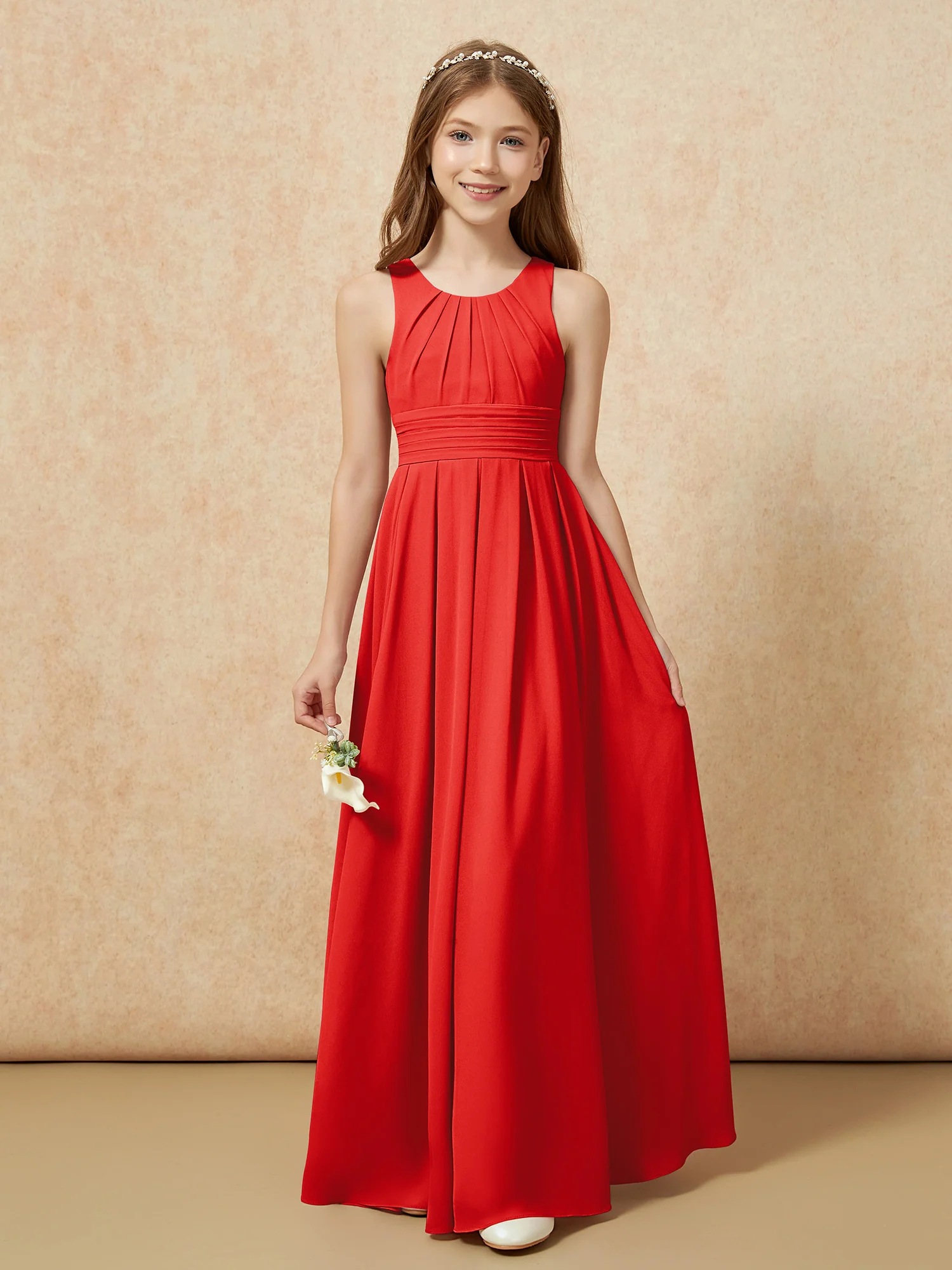 Scoop Neck Pleated Long Junior Bridesmaid Dresses Red - Image 5