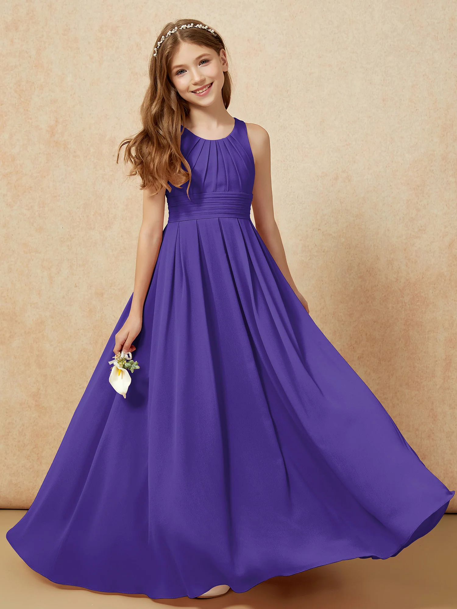 Scoop Neck Pleated Long Junior Bridesmaid Dresses Regency