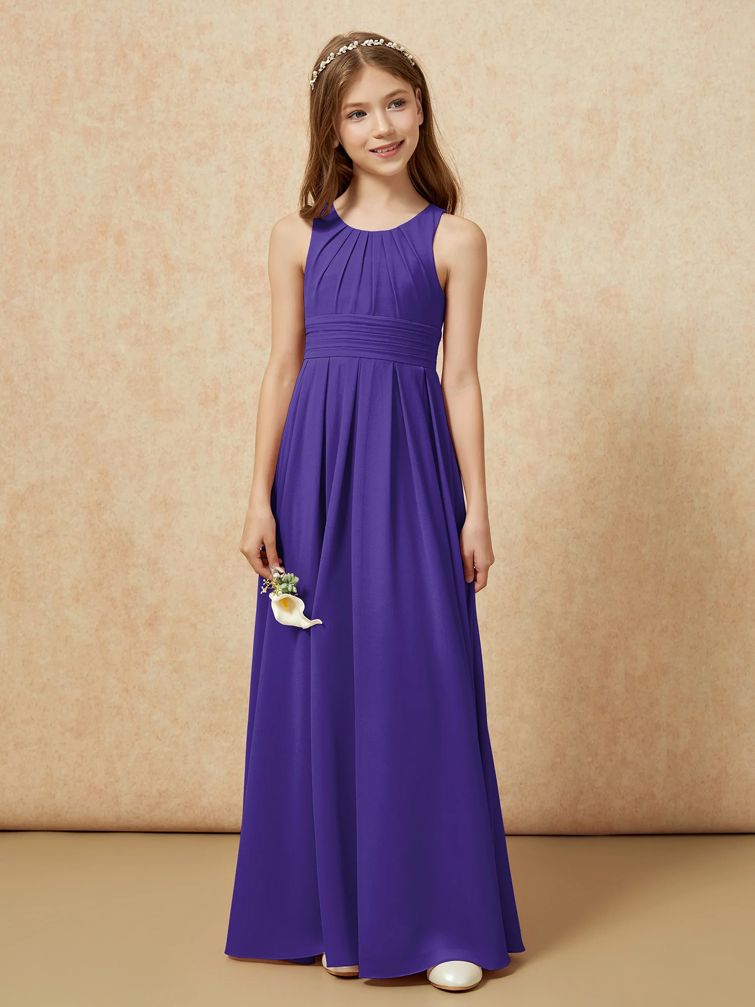 Scoop Neck Pleated Long Junior Bridesmaid Dresses Regency - Image 4