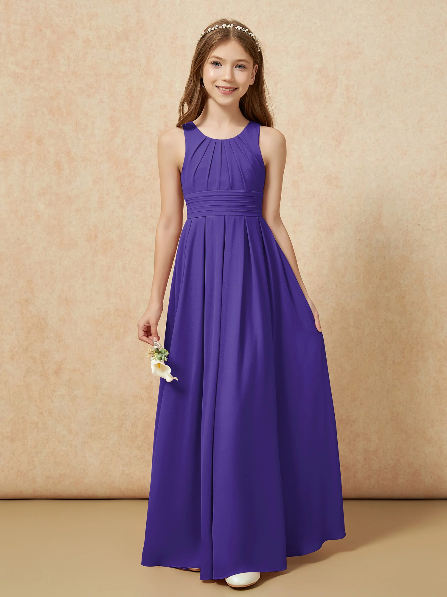 Scoop Neck Pleated Long Junior Bridesmaid Dresses Regency - Image 5