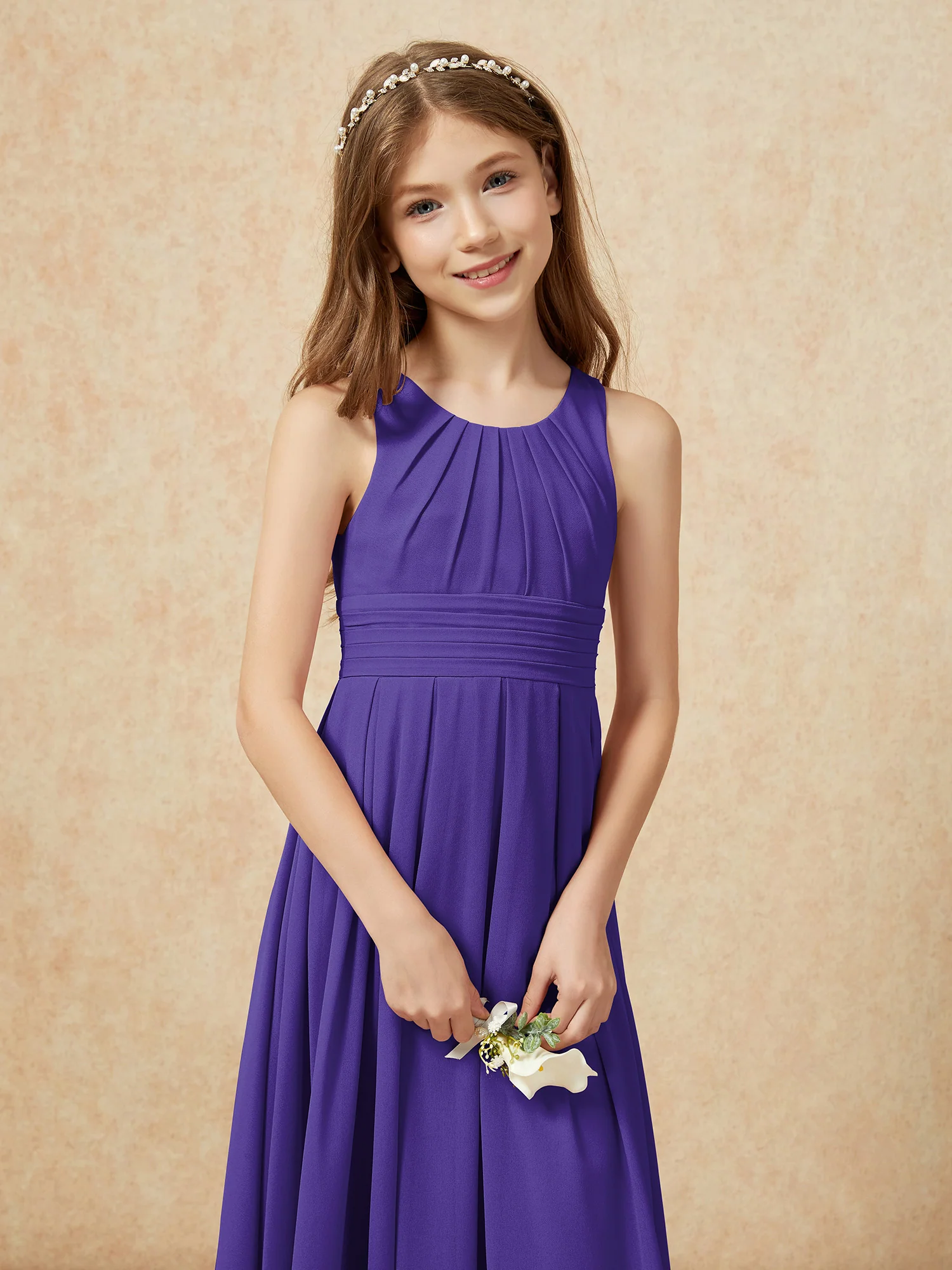 Scoop Neck Pleated Long Junior Bridesmaid Dresses Regency - Image 6