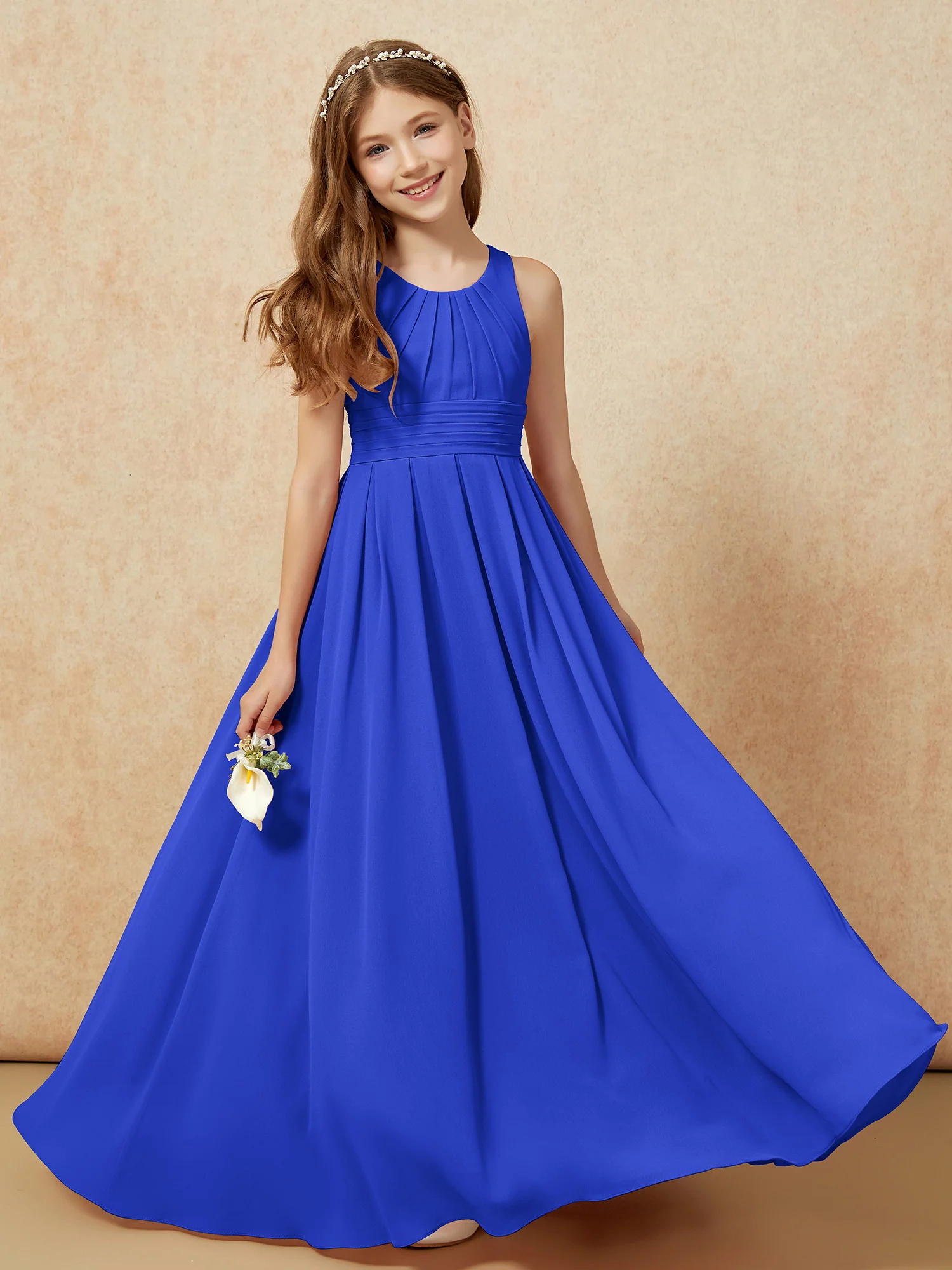 Scoop Neck Pleated Long Junior Bridesmaid Dresses Royal Blue