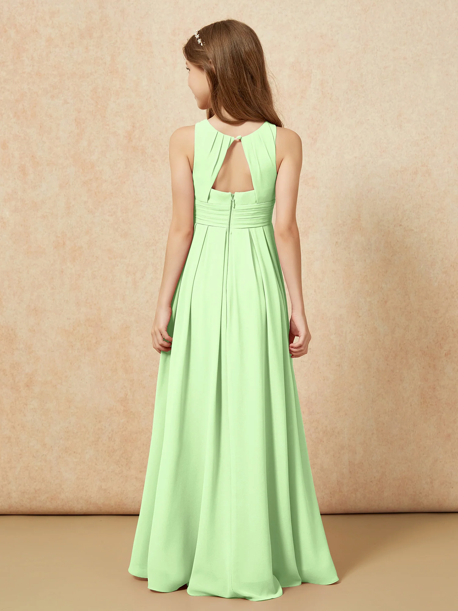Scoop Neck Pleated Long Junior Bridesmaid Dresses Sage - Image 2