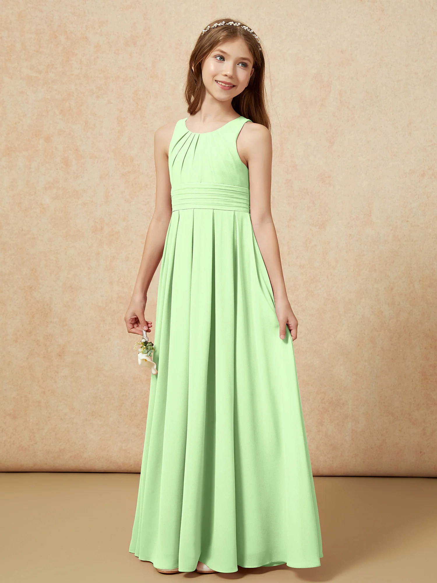 Scoop Neck Pleated Long Junior Bridesmaid Dresses Sage - Image 3