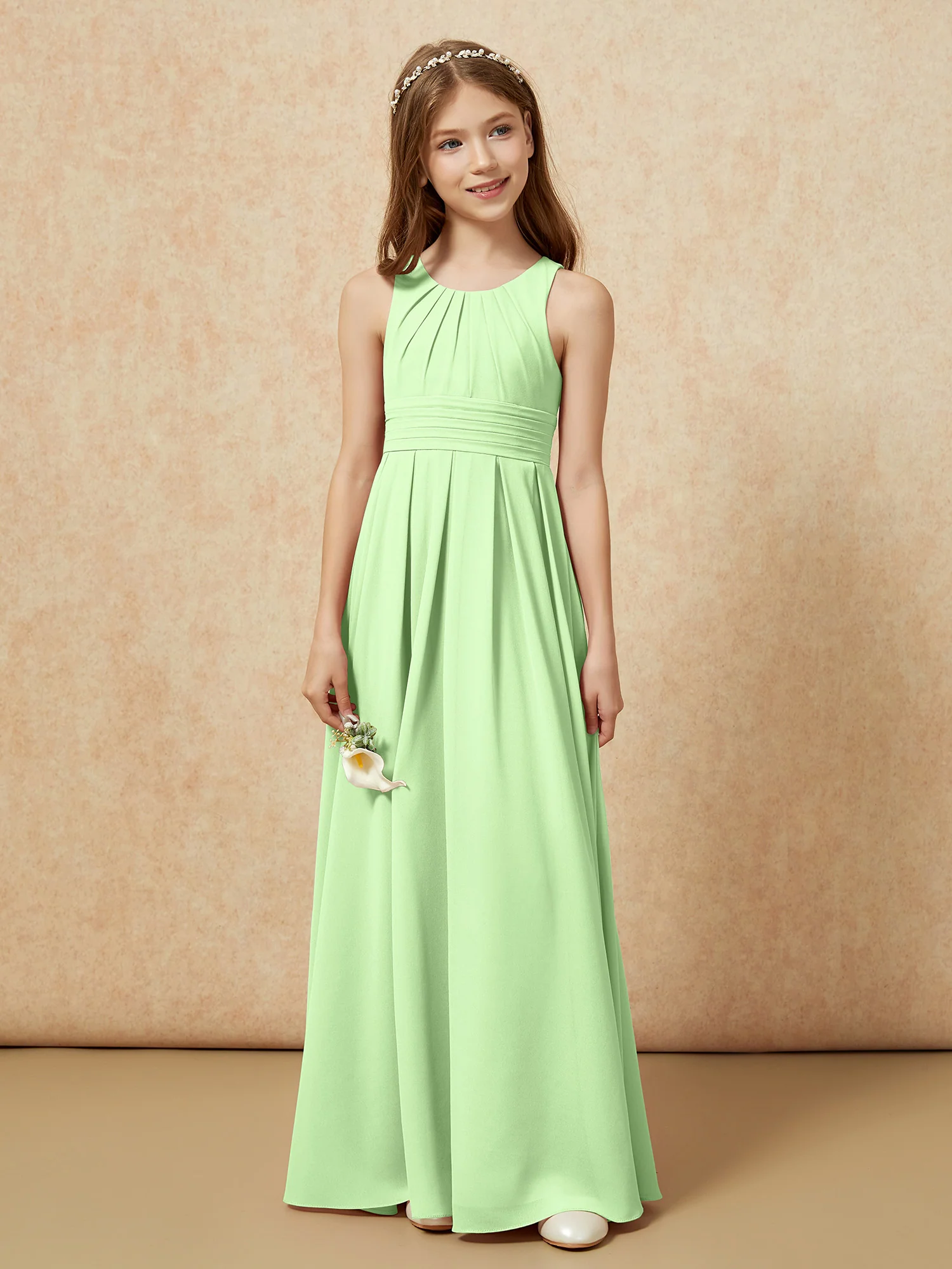 Scoop Neck Pleated Long Junior Bridesmaid Dresses Sage - Image 4