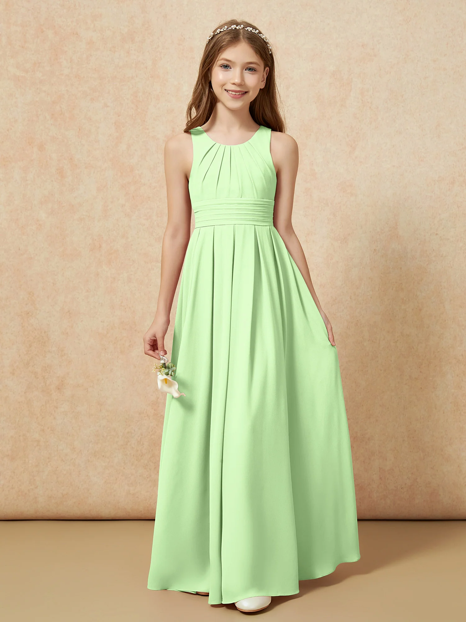 Scoop Neck Pleated Long Junior Bridesmaid Dresses Sage - Image 5
