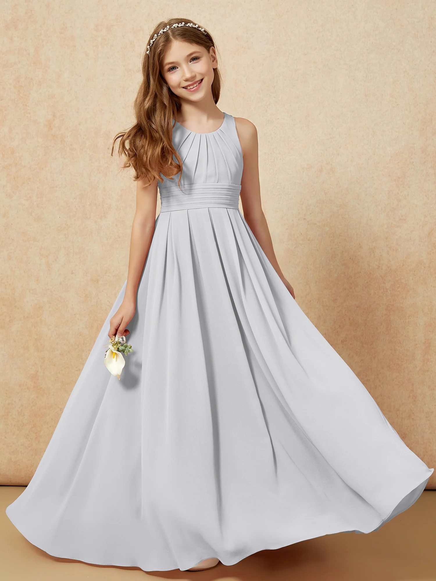 Scoop Neck Pleated Long Junior Bridesmaid Dresses Silver
