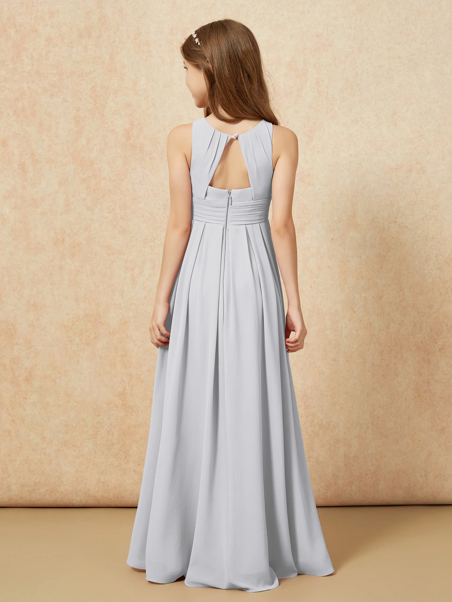 Scoop Neck Pleated Long Junior Bridesmaid Dresses Silver - Image 2