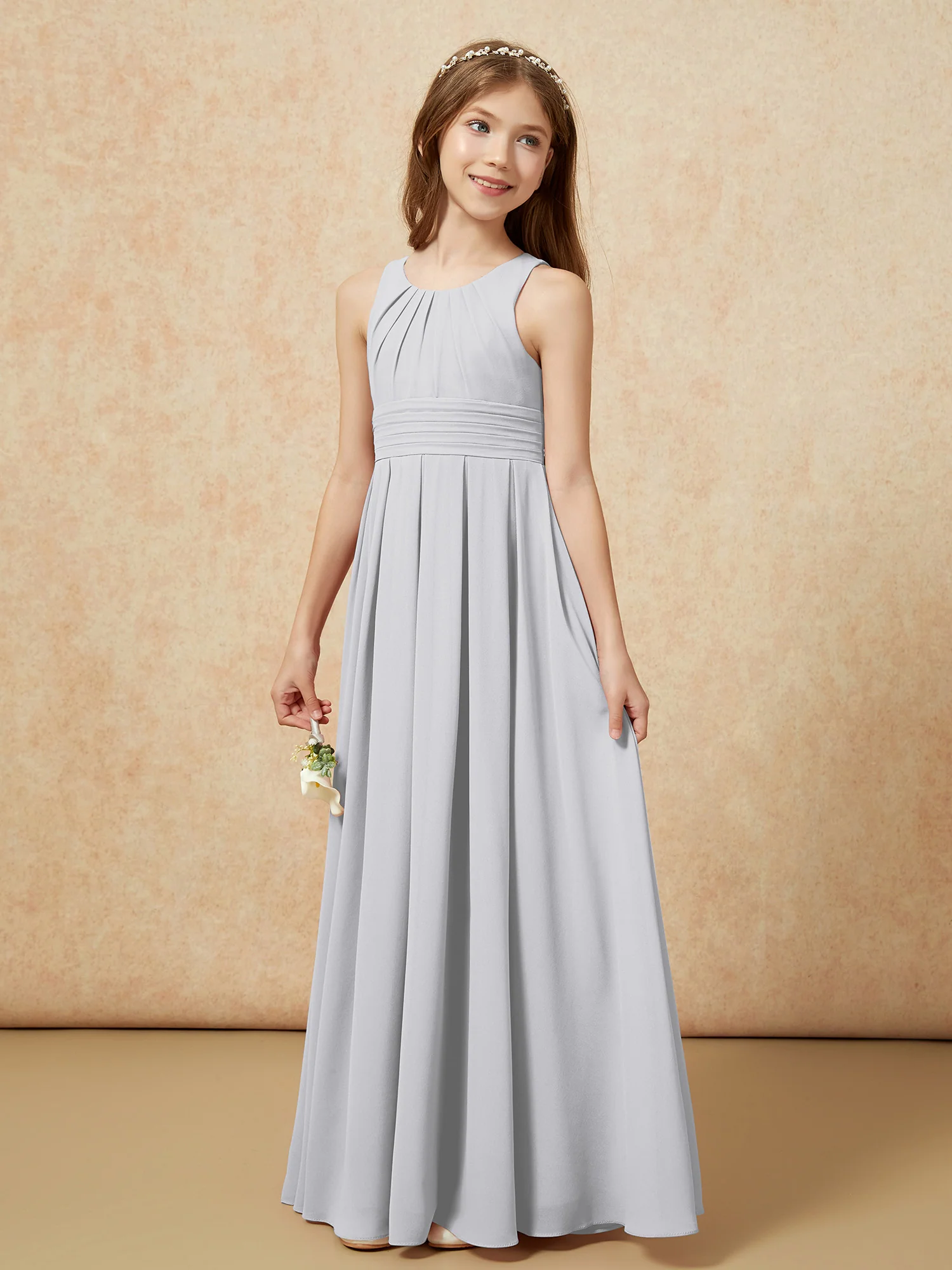 Scoop Neck Pleated Long Junior Bridesmaid Dresses Silver - Image 3