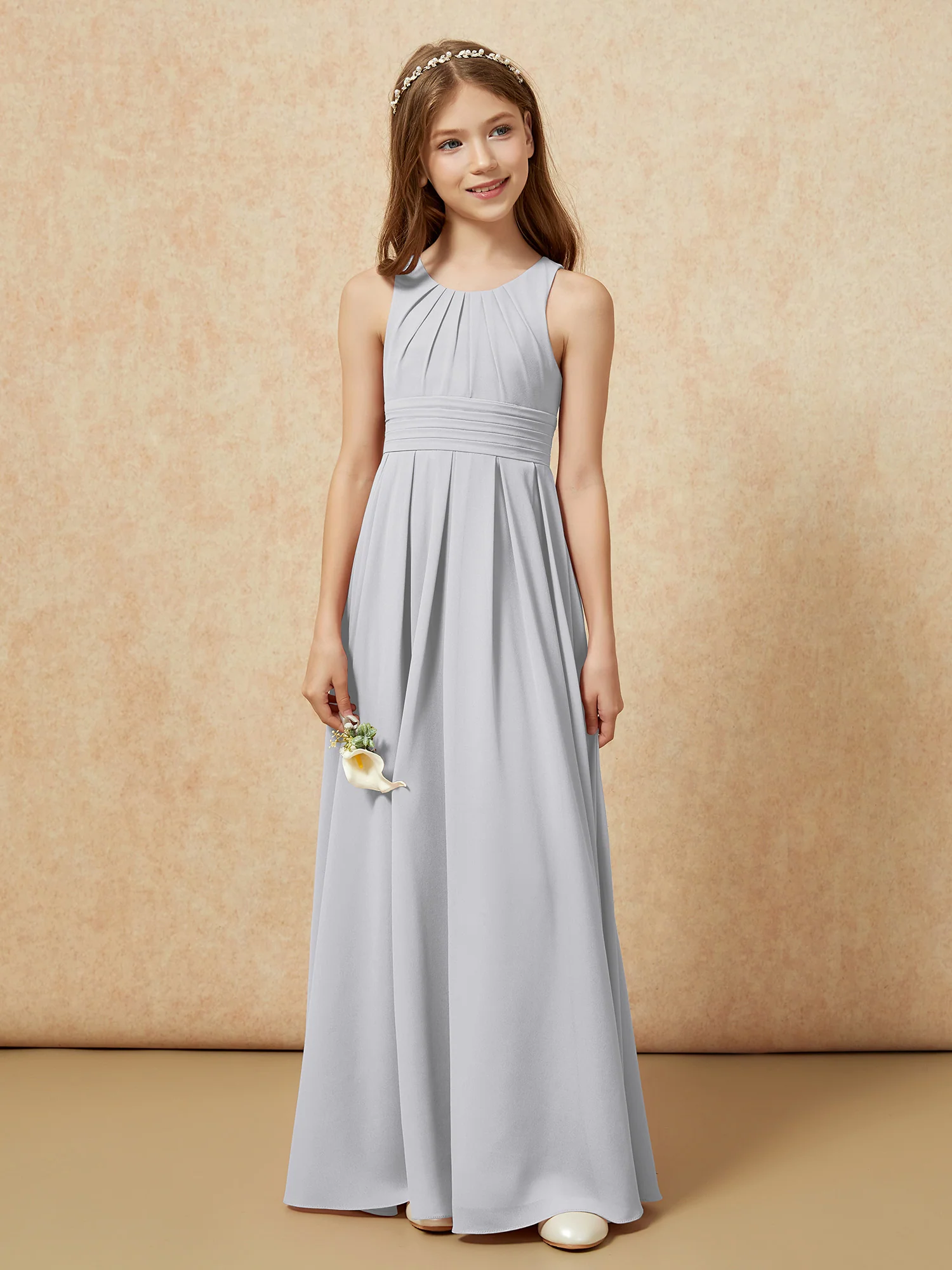 Scoop Neck Pleated Long Junior Bridesmaid Dresses Silver - Image 4