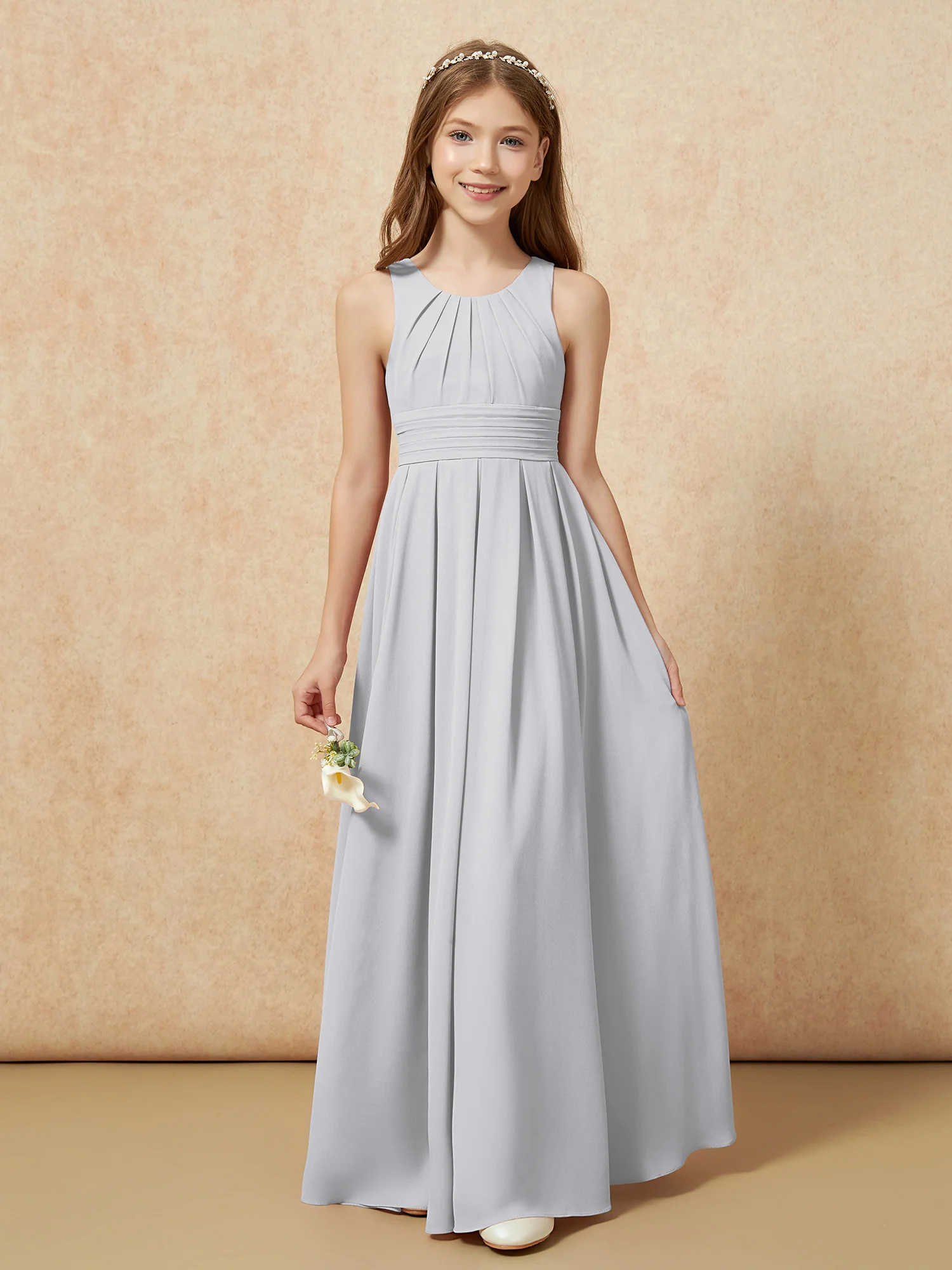 Scoop Neck Pleated Long Junior Bridesmaid Dresses Silver - Image 5