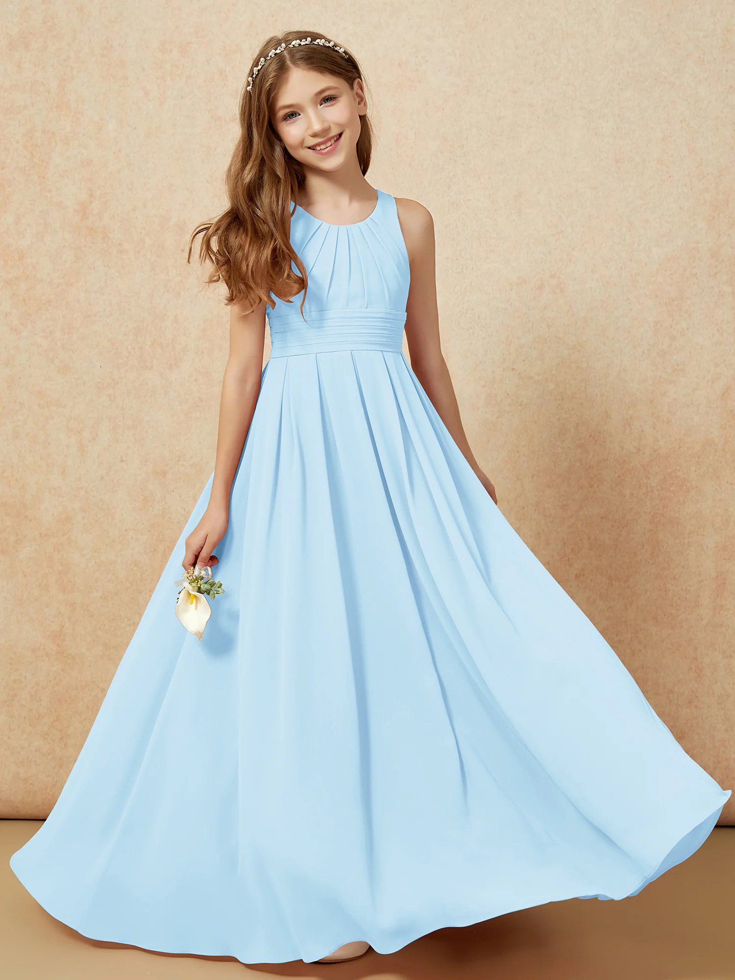 Scoop Neck Pleated Long Junior Bridesmaid Dresses Sky Blue