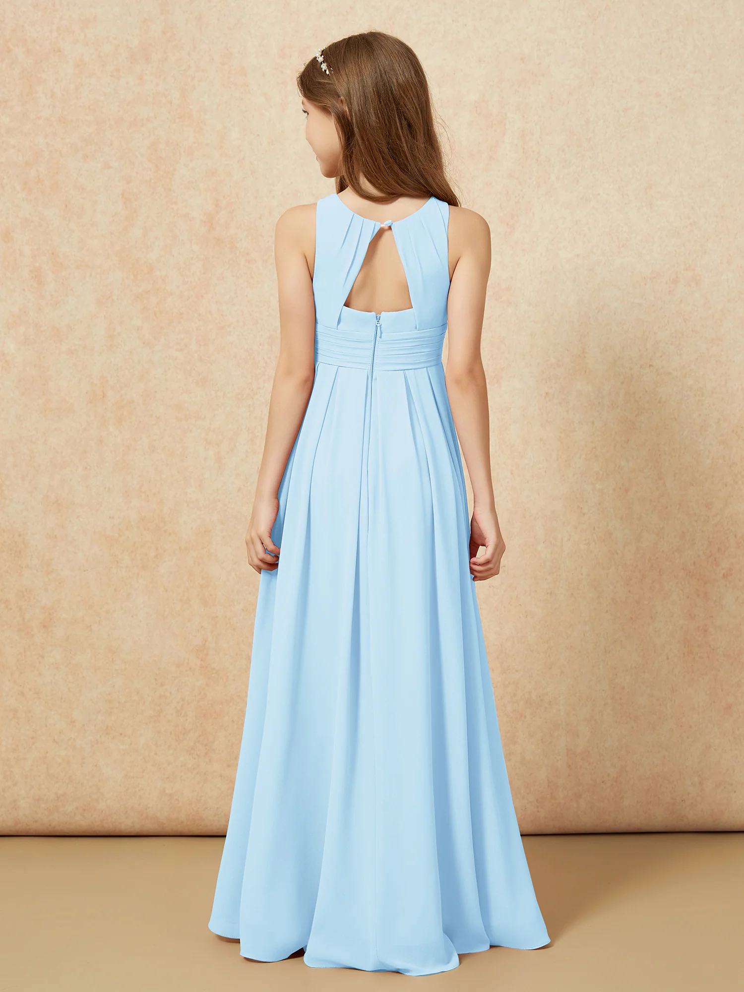Scoop Neck Pleated Long Junior Bridesmaid Dresses Sky Blue - Image 2