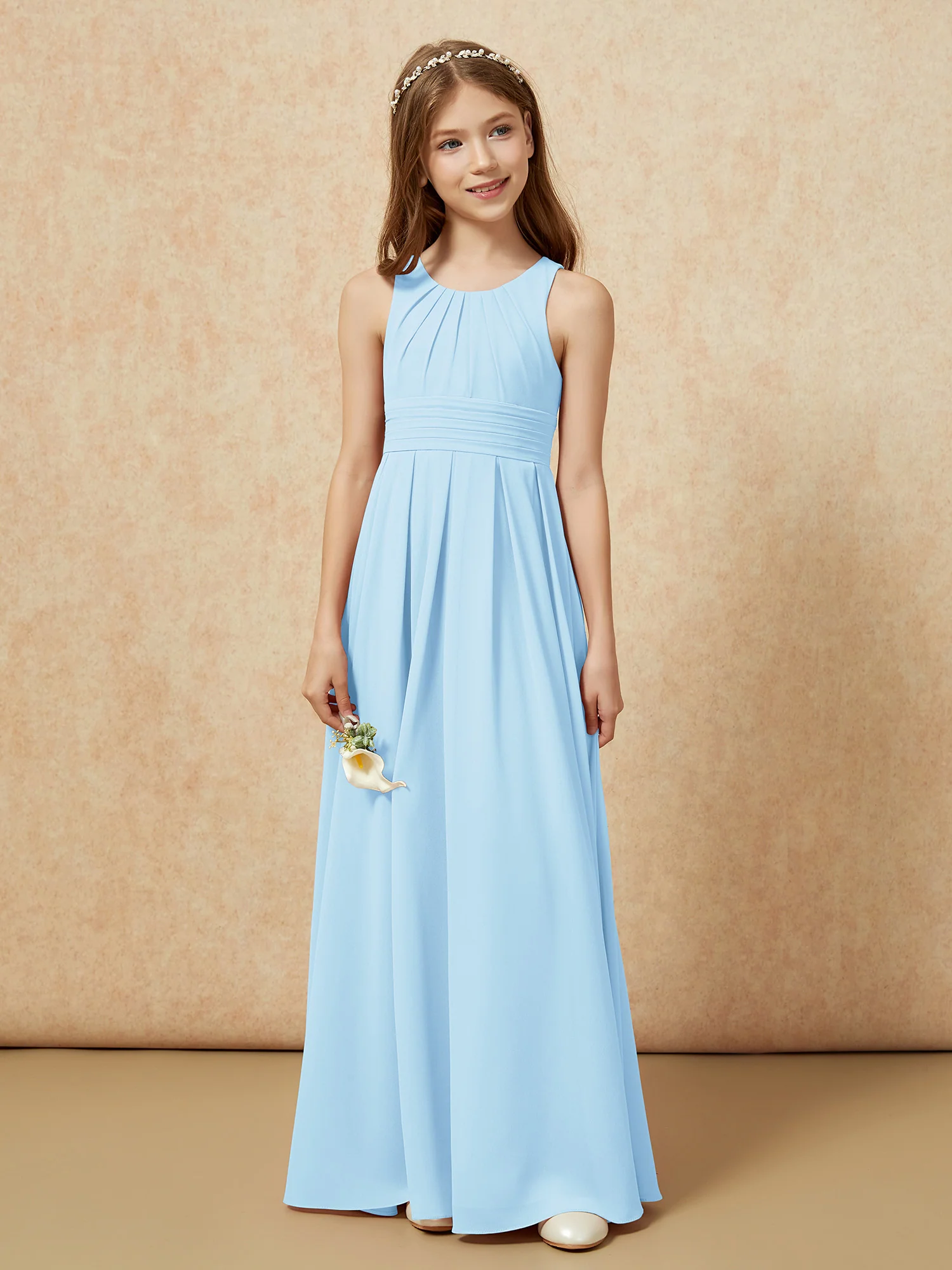Scoop Neck Pleated Long Junior Bridesmaid Dresses Sky Blue - Image 4