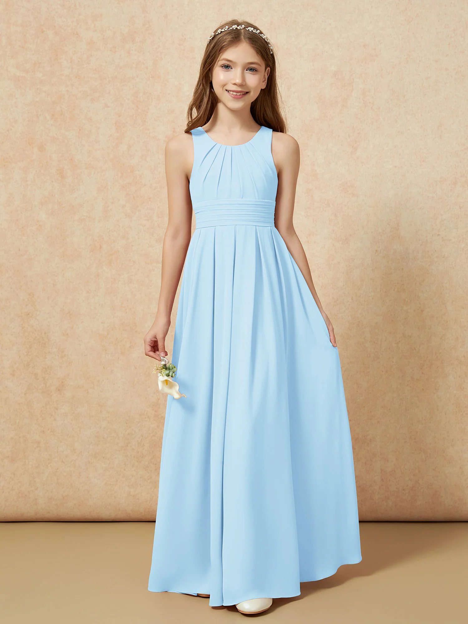 Scoop Neck Pleated Long Junior Bridesmaid Dresses Sky Blue - Image 5