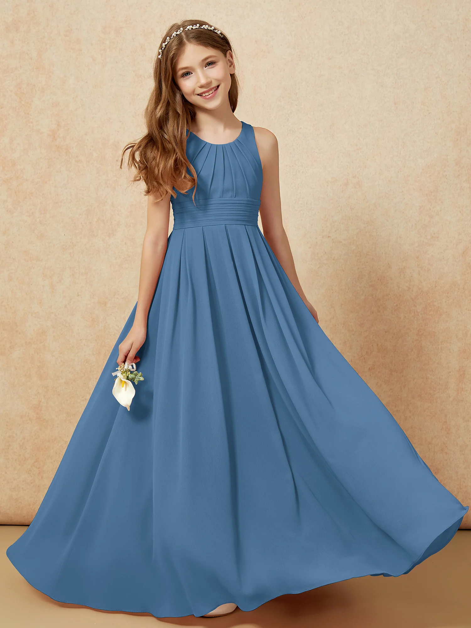Scoop Neck Pleated Long Junior Bridesmaid Dresses Slate Blue