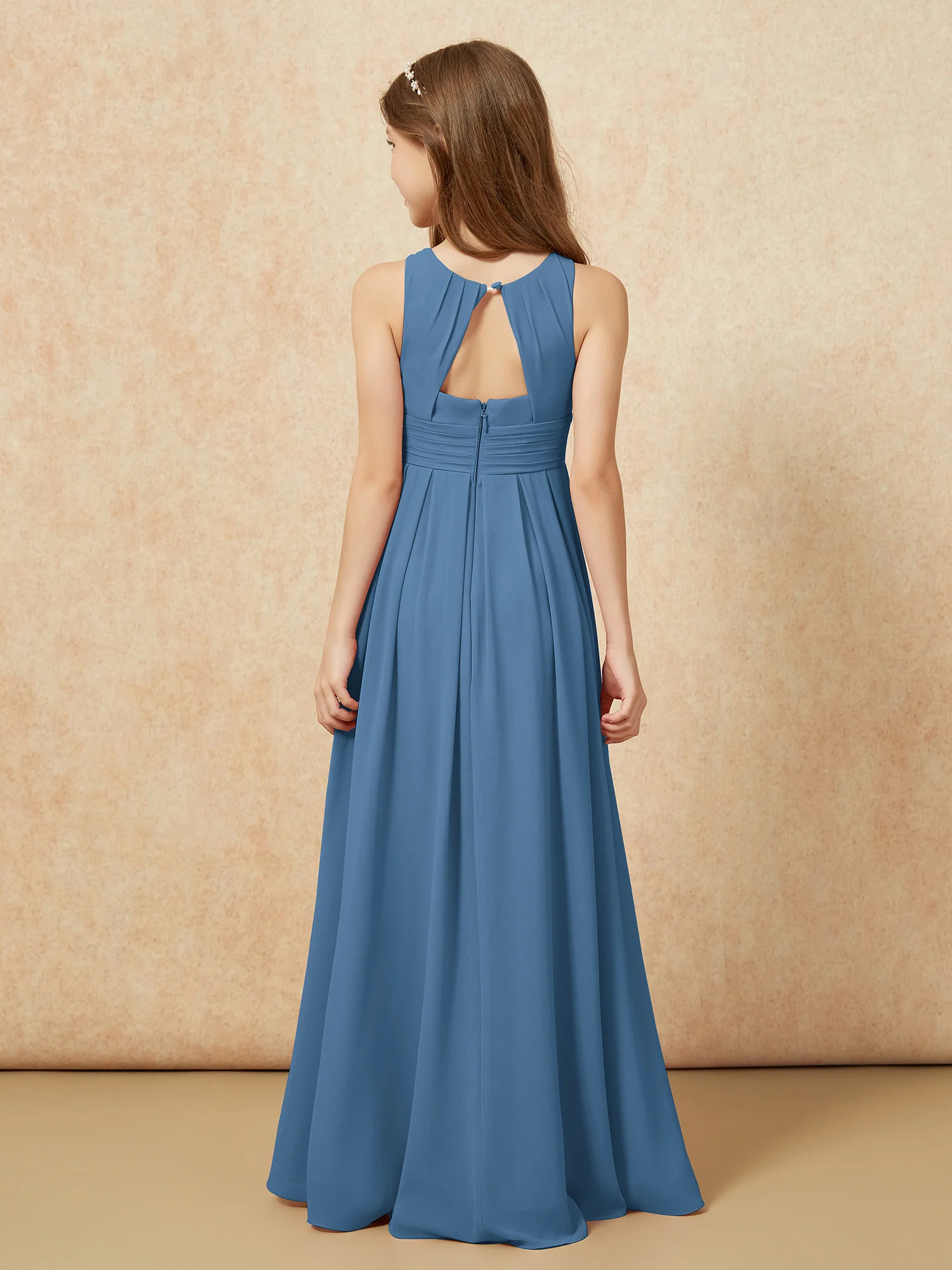 Scoop Neck Pleated Long Junior Bridesmaid Dresses Slate Blue - Image 2