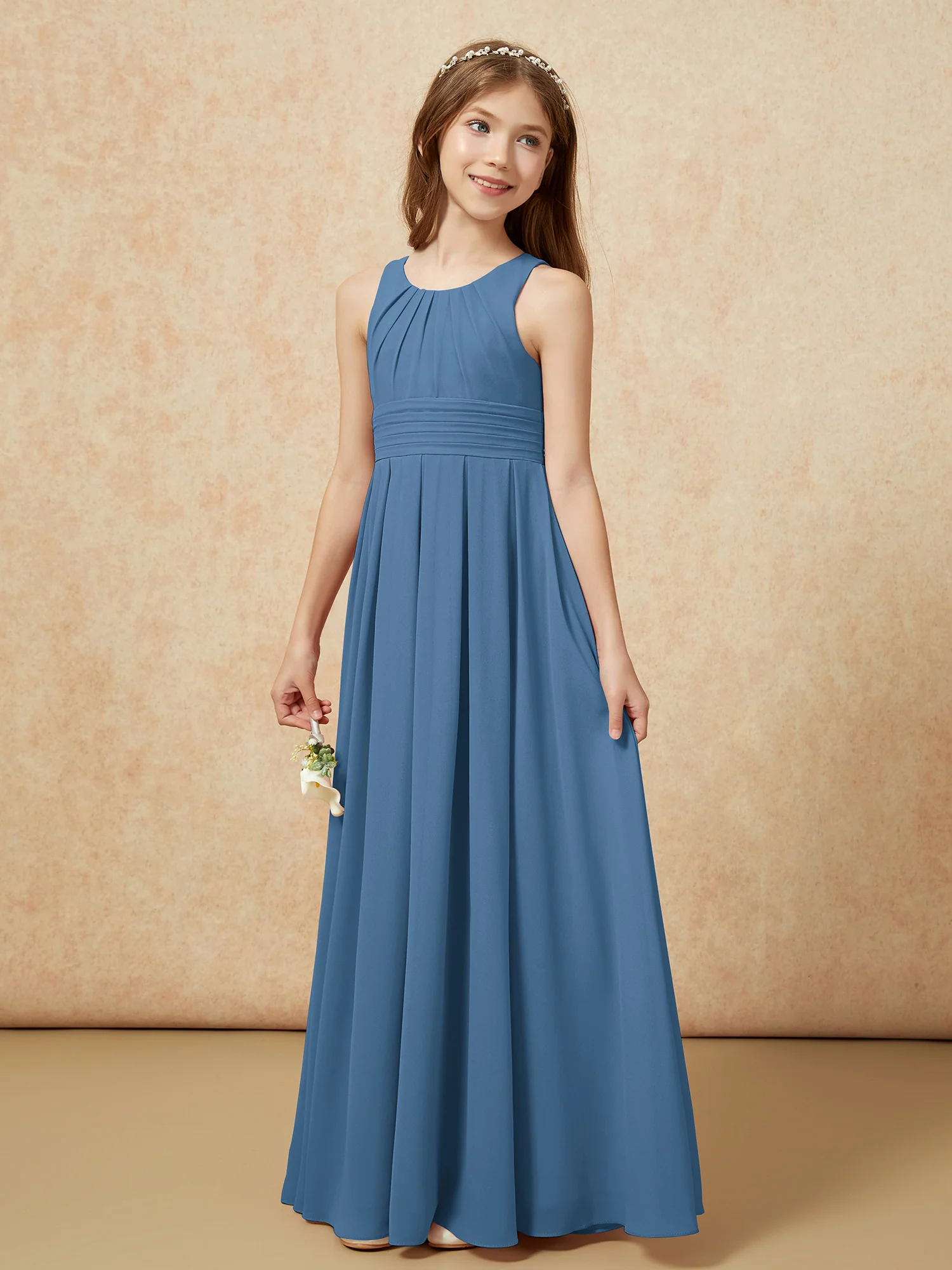 Scoop Neck Pleated Long Junior Bridesmaid Dresses Slate Blue - Image 3