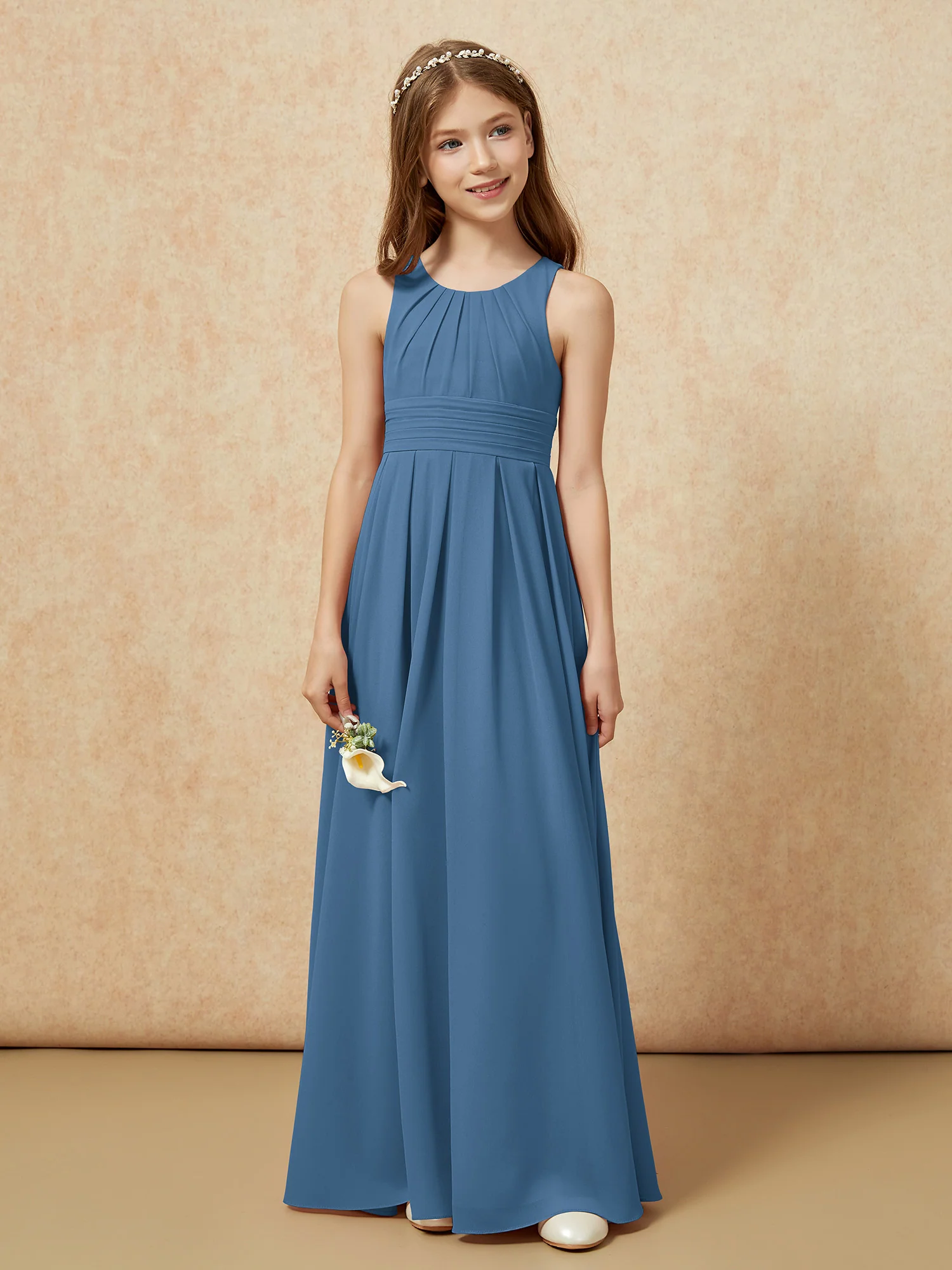 Scoop Neck Pleated Long Junior Bridesmaid Dresses Slate Blue - Image 4