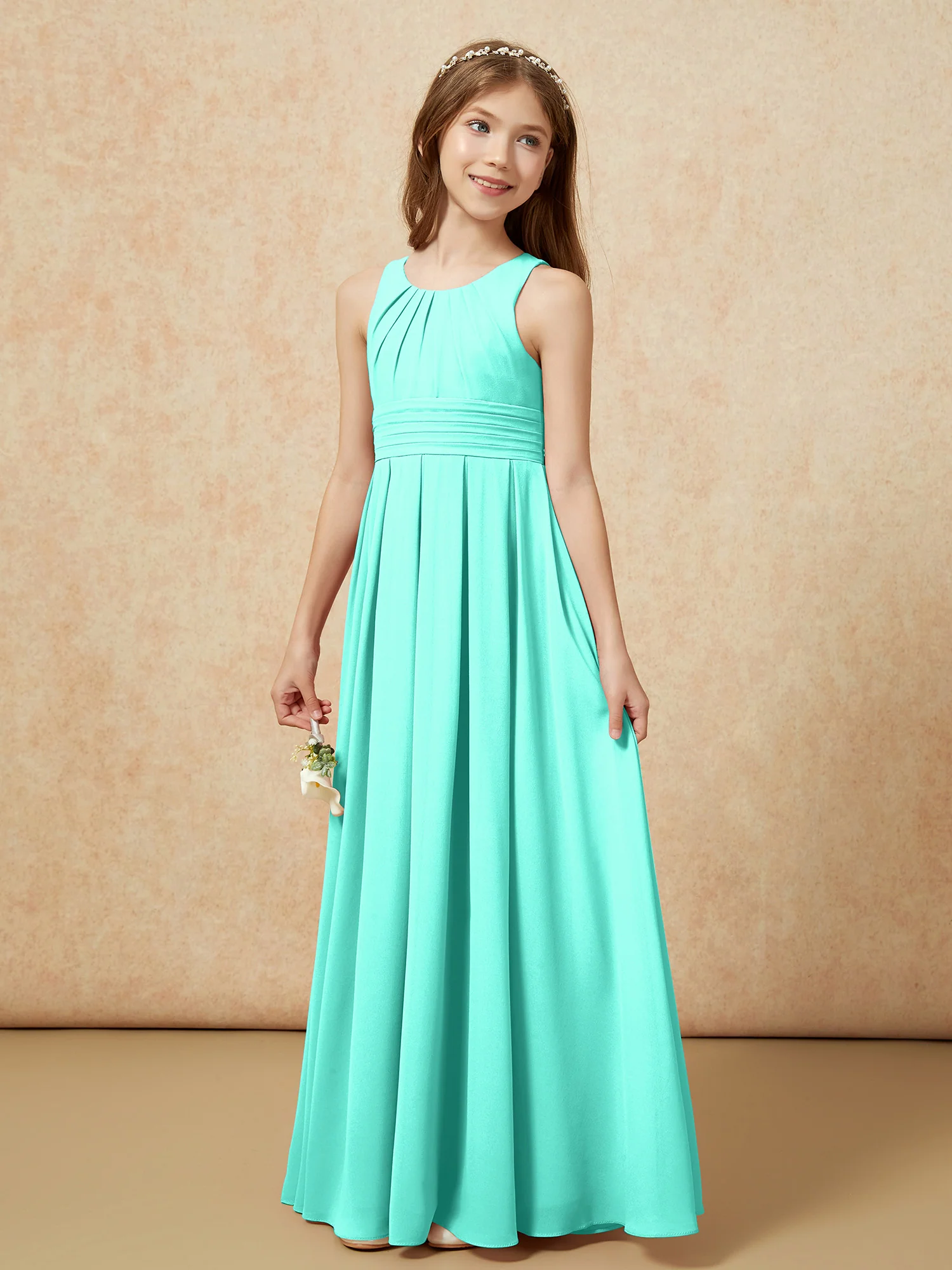 Scoop Neck Pleated Long Junior Bridesmaid Dresses Spa - Image 3