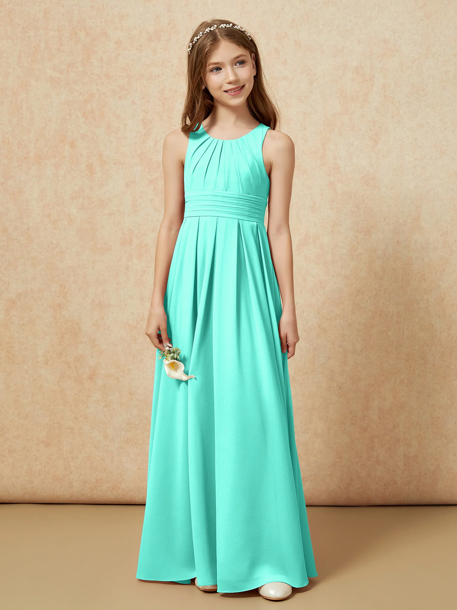 Scoop Neck Pleated Long Junior Bridesmaid Dresses Spa - Image 4